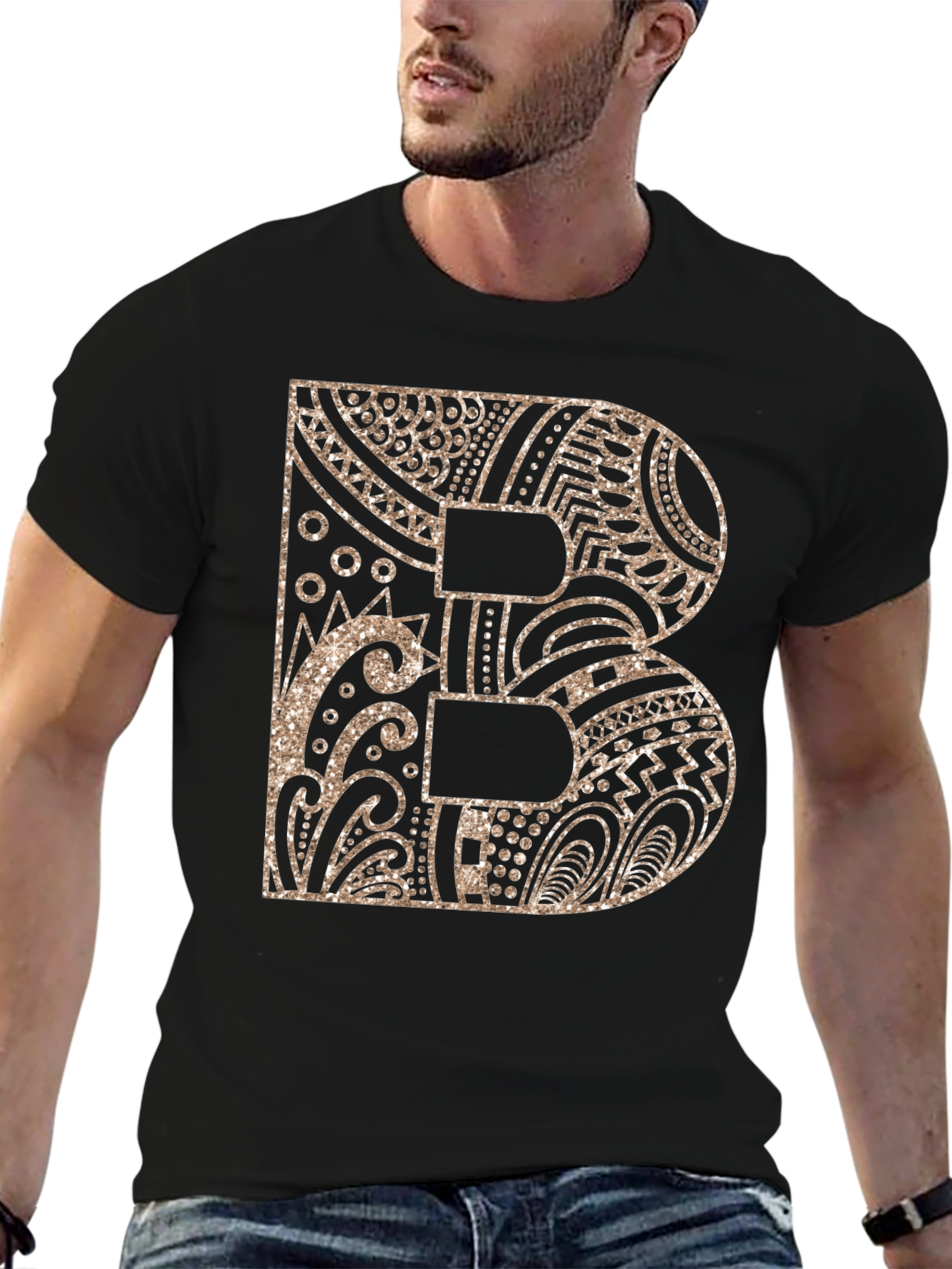 Letter B Patterned Black T-Shirt