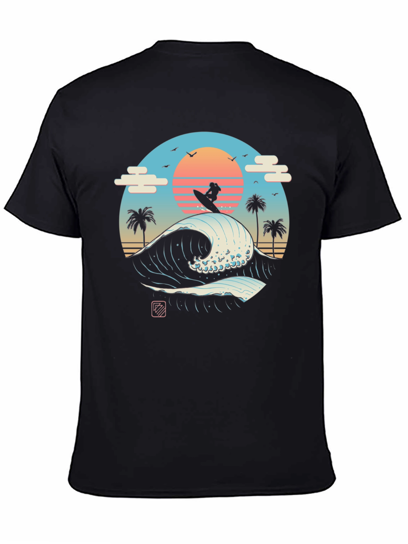Surfer Wave Graphic Tee - Black Cotton T-Shirt