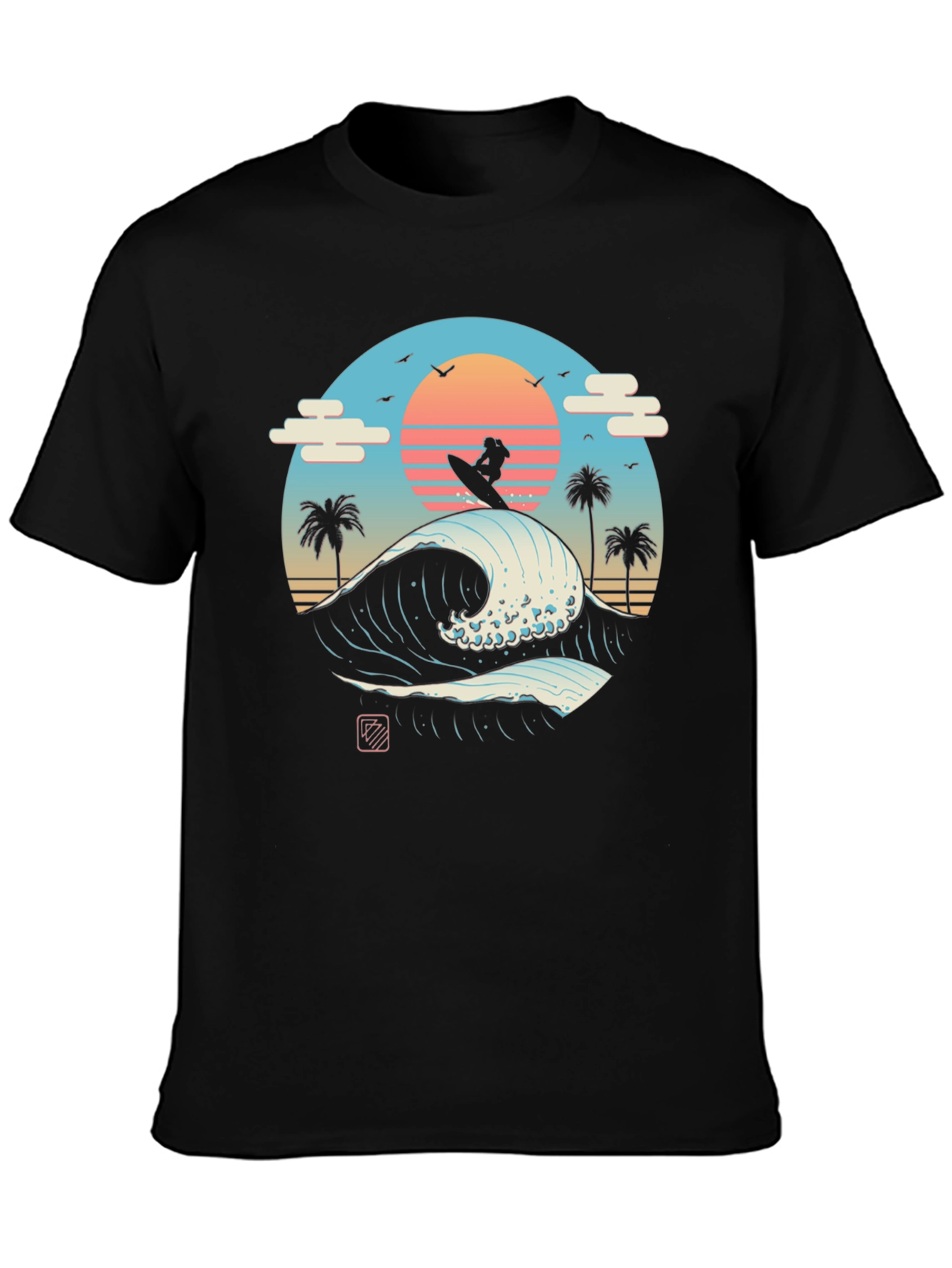 Surfer Wave Graphic Tee - Black Cotton T-Shirt