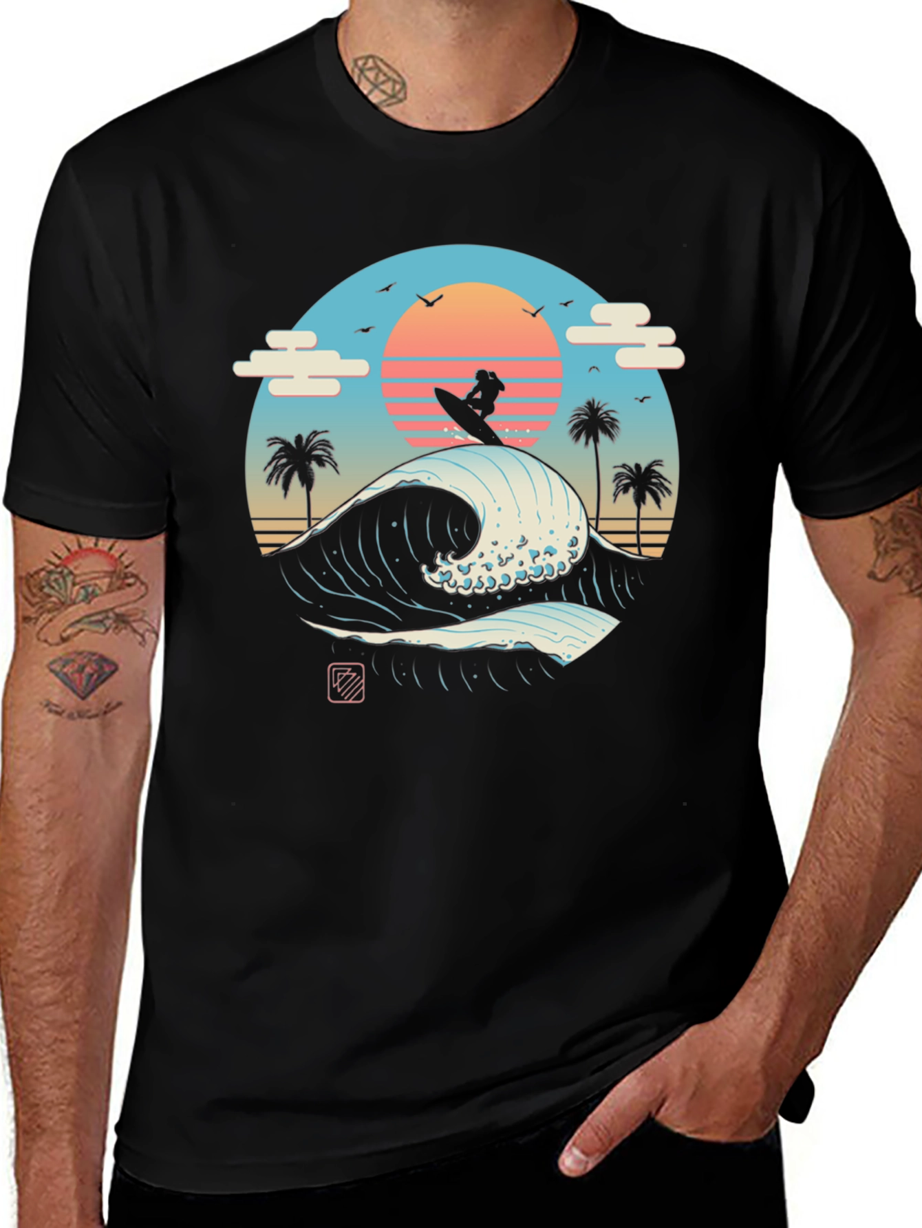 Surfer Wave Graphic Tee - Black Cotton T-Shirt