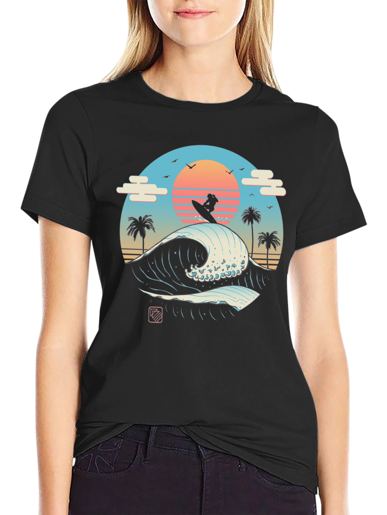 Surfer Wave Graphic Tee - Black Cotton T-Shirt