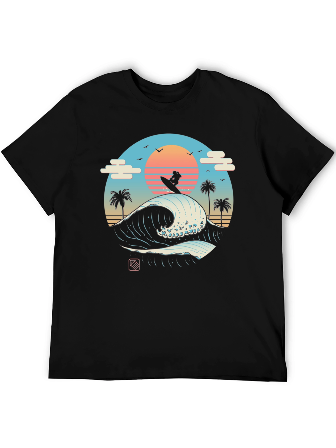 Surfer Wave Graphic Tee - Black Cotton T-Shirt