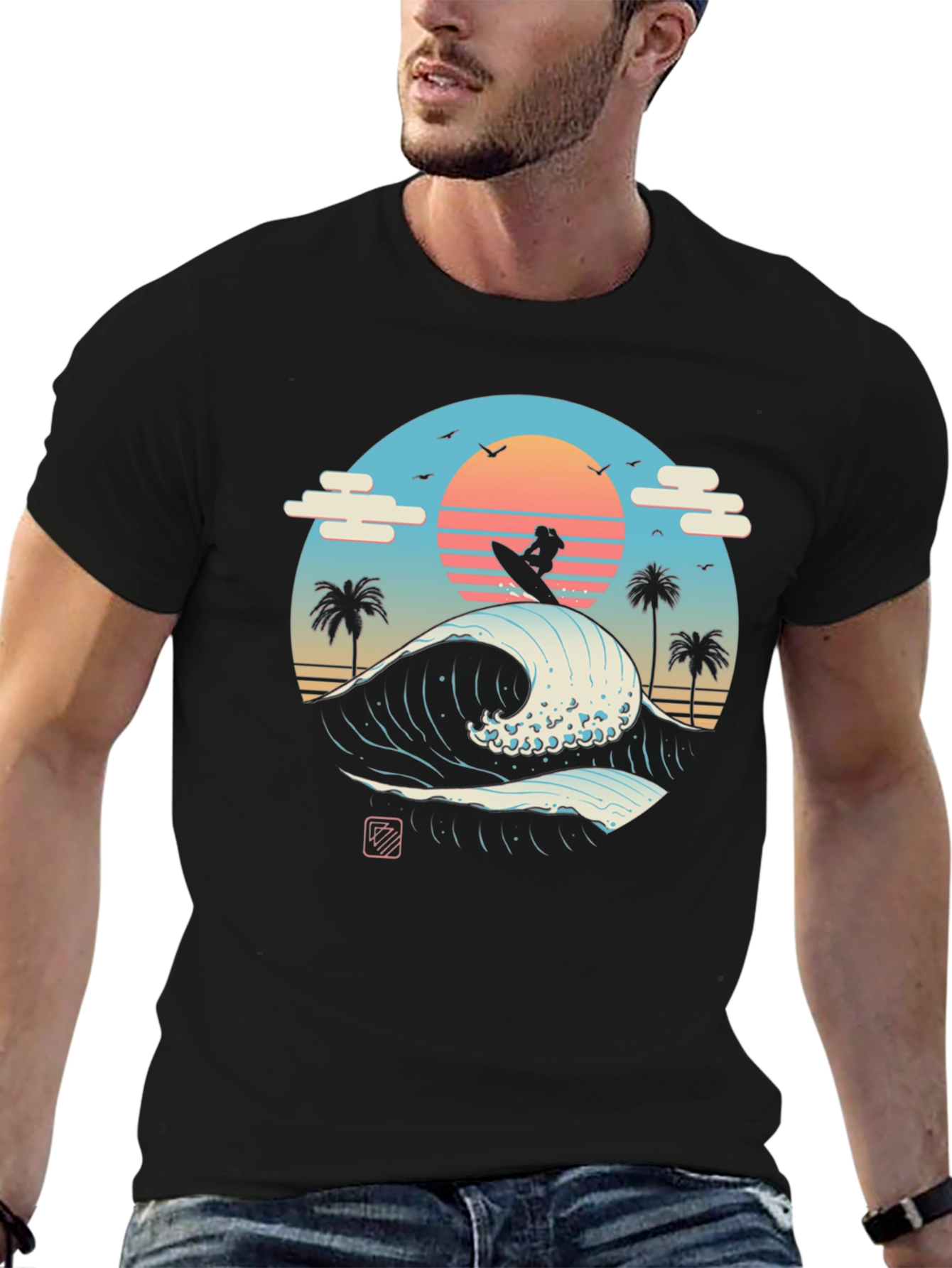 Surfer Wave Graphic Tee - Black Cotton T-Shirt