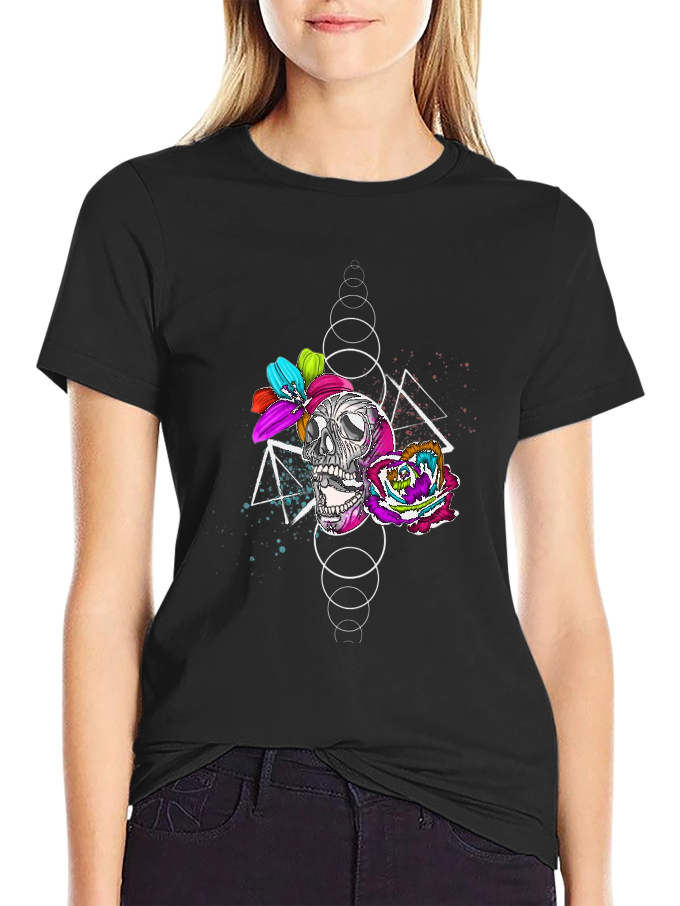 Skull and Floral Graphic Print T-Shirt