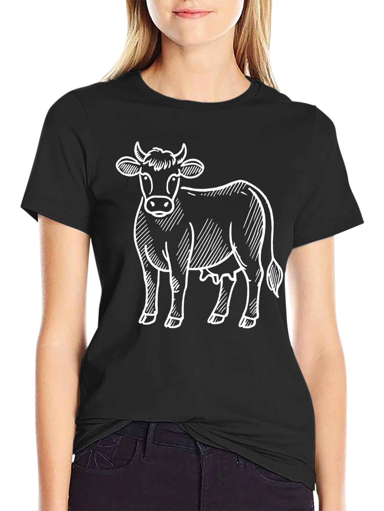 Cow Graphic Tee - Black Cotton Shirt