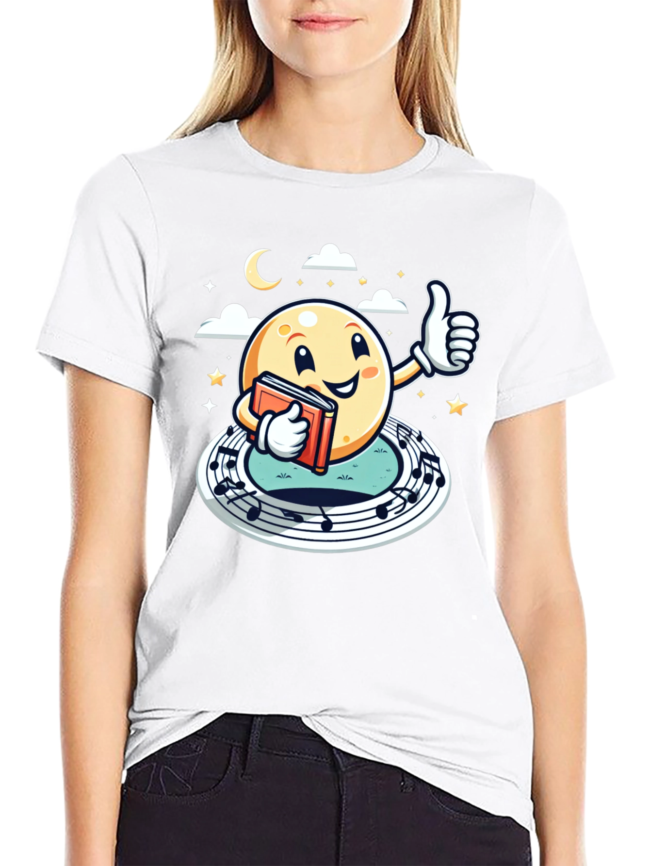 Cartoon Moon Music & Reading Black T-Shirt