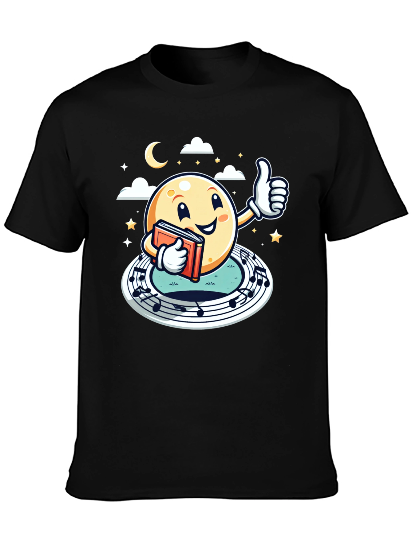 Cartoon Moon Music & Reading Black T-Shirt