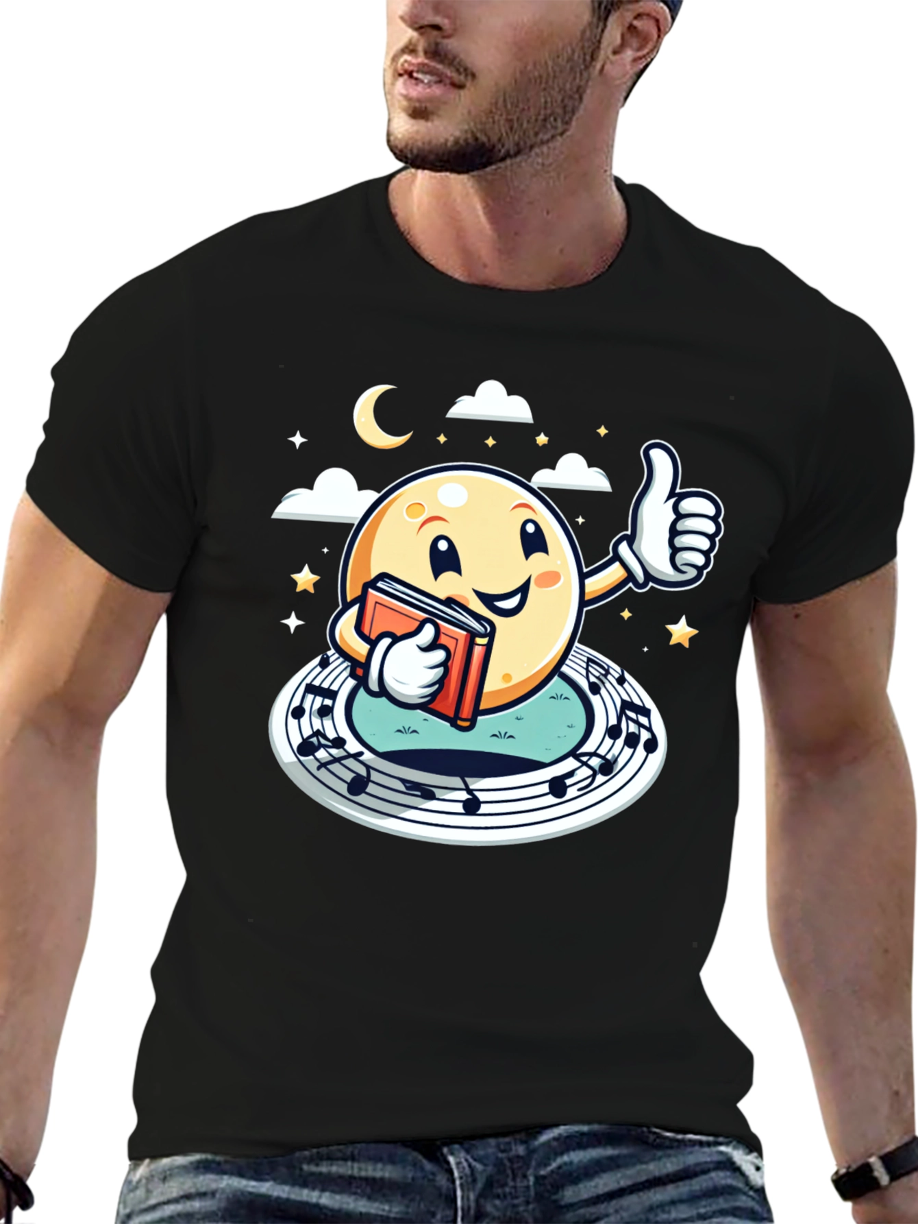 Cartoon Moon Music & Reading Black T-Shirt