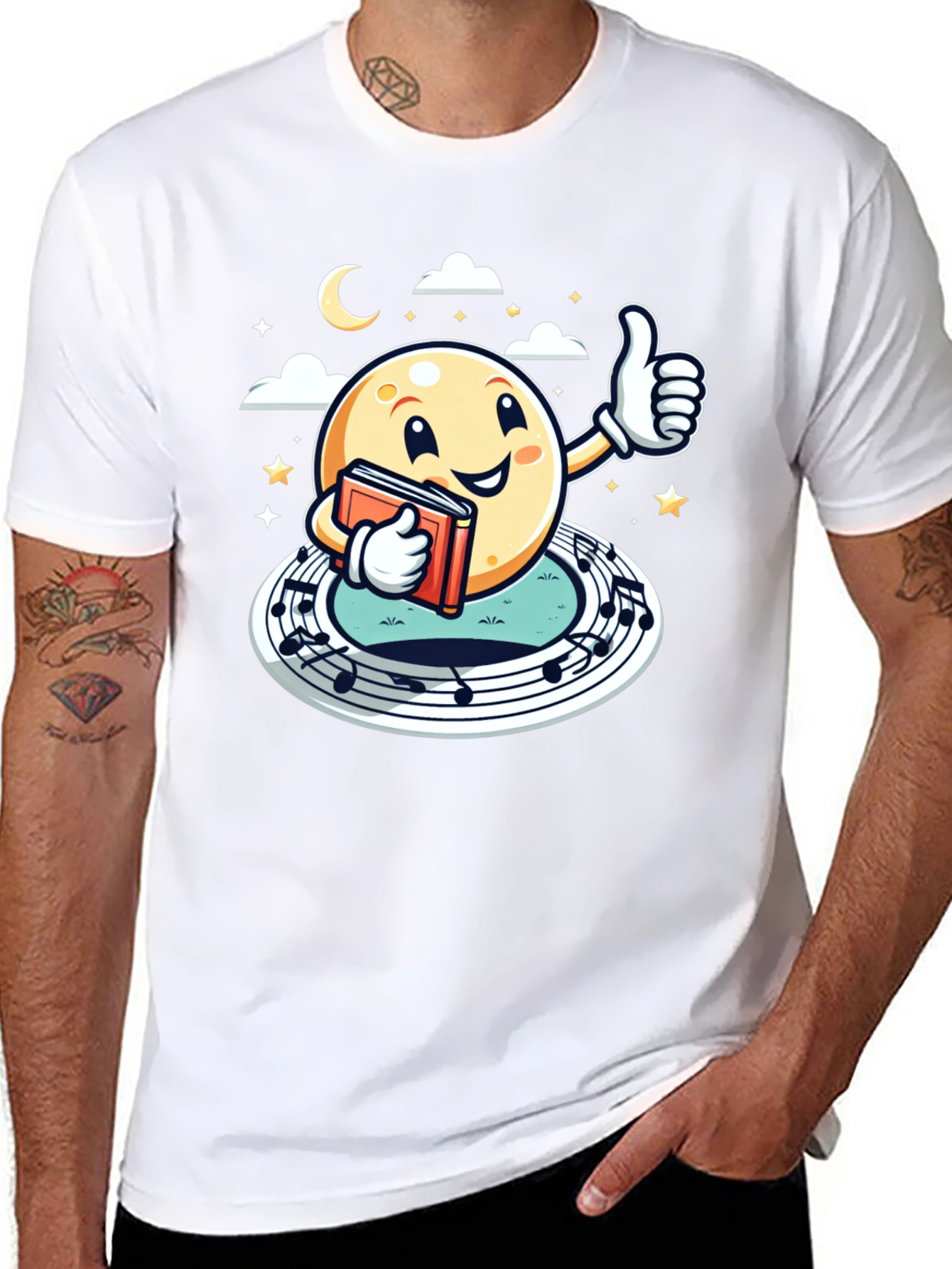 Cartoon Moon Music & Reading Black T-Shirt
