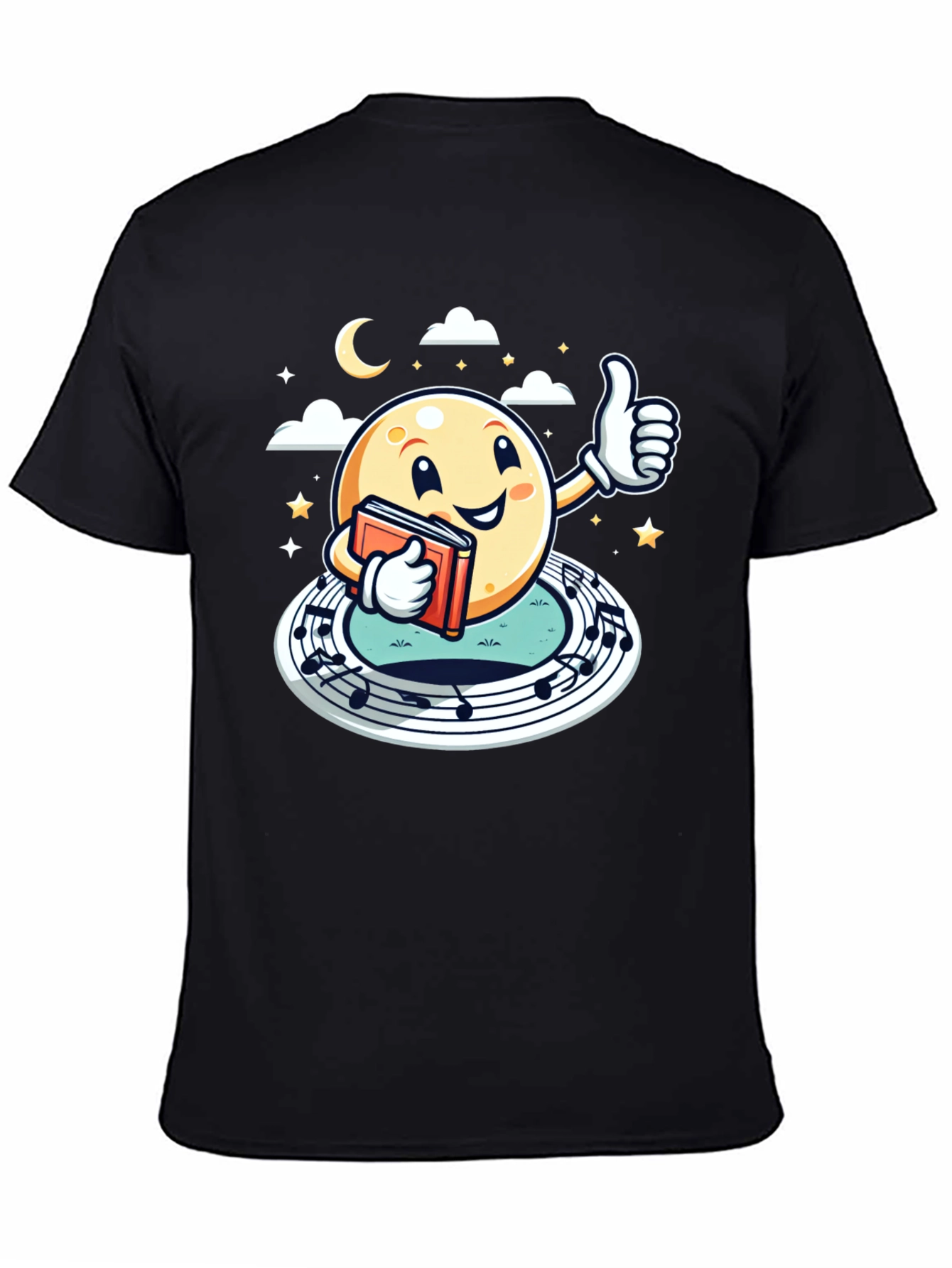 Cartoon Moon Music & Reading Black T-Shirt