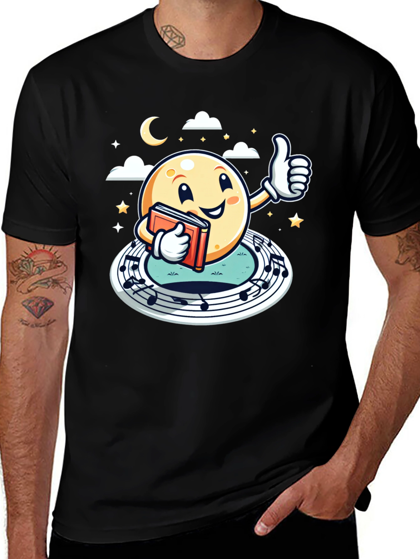 Cartoon Moon Music & Reading Black T-Shirt