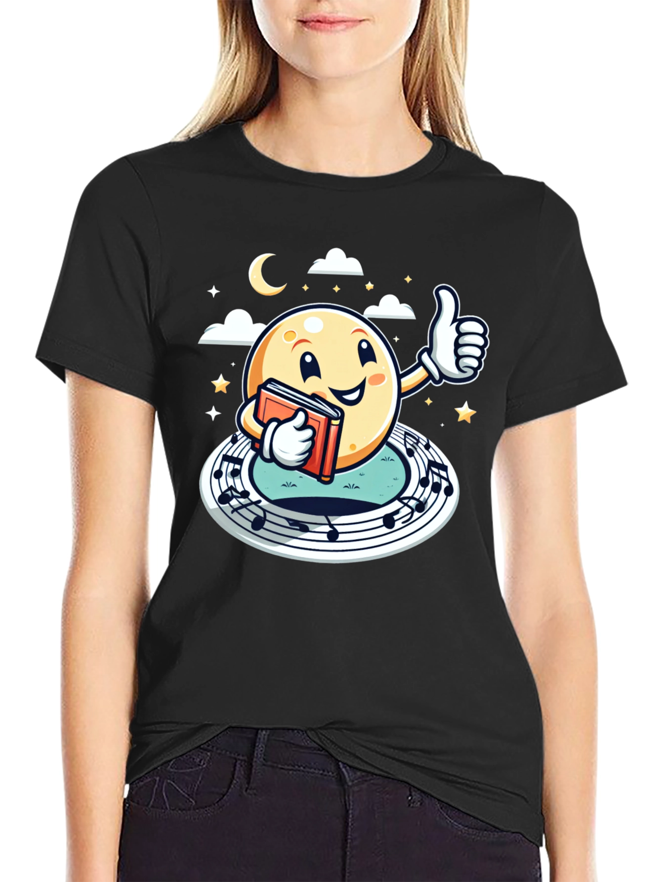 Cartoon Moon Music & Reading Black T-Shirt