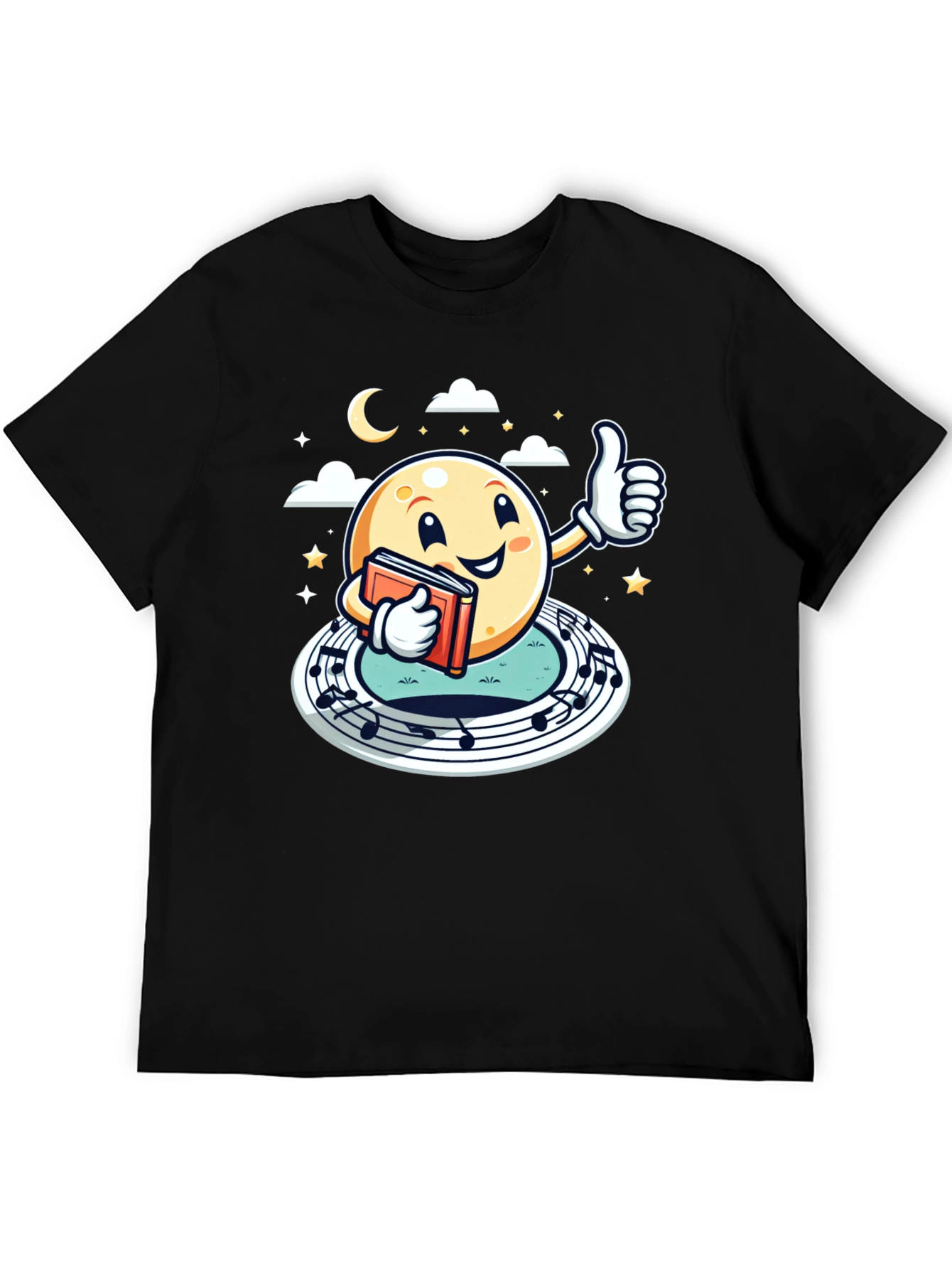 Cartoon Moon Music & Reading Black T-Shirt