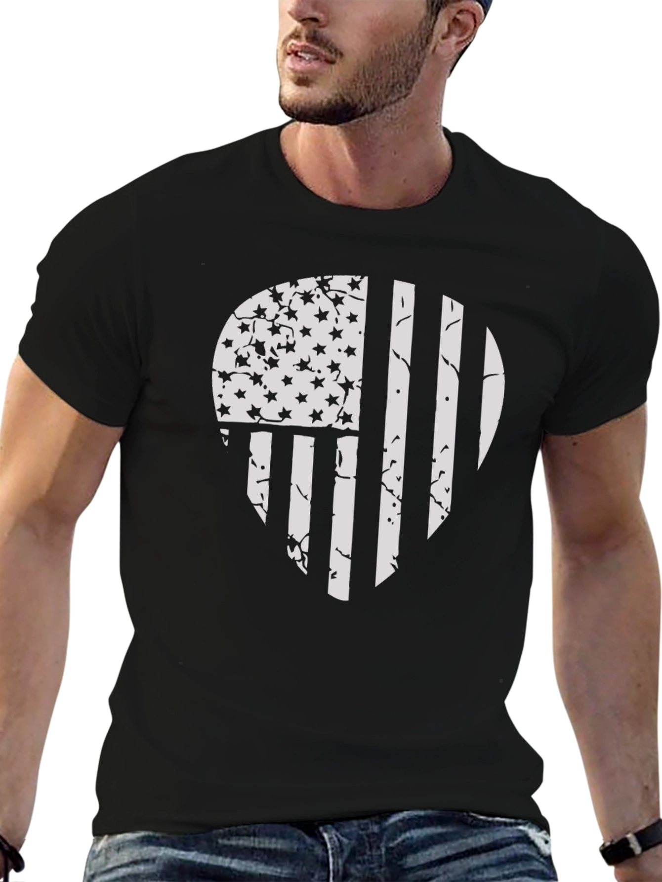 Distressed American Flag Skull Graphic T-Shirt