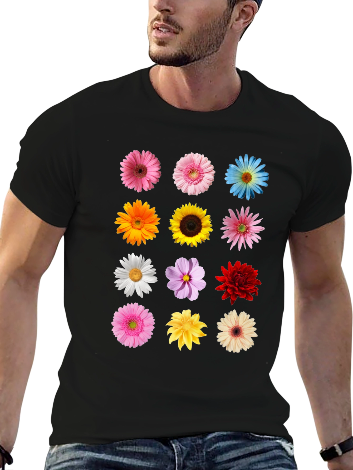 Floral Print T-Shirt - Black Unisex Tee