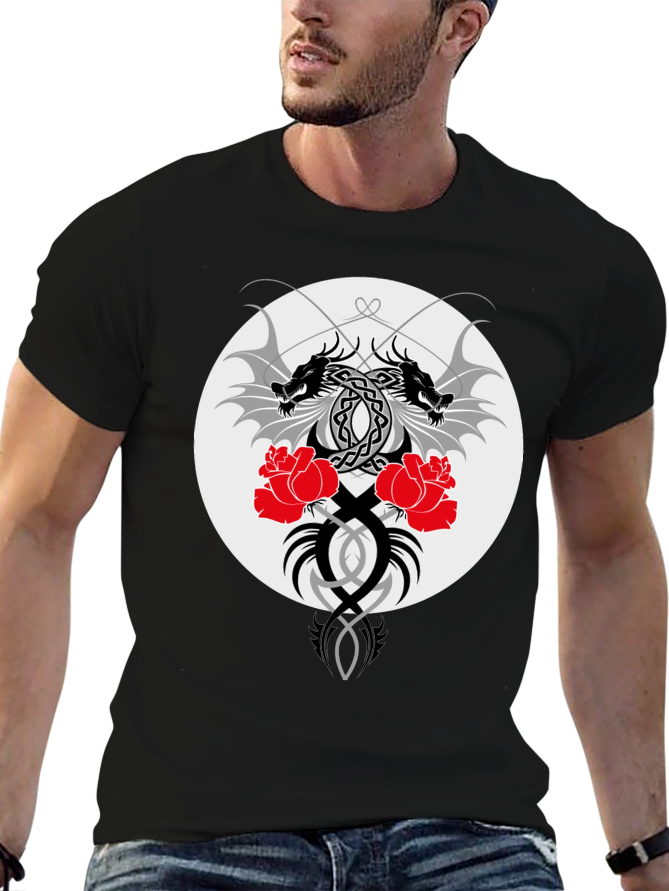 Dragon & Roses Graphic Black T-Shirt