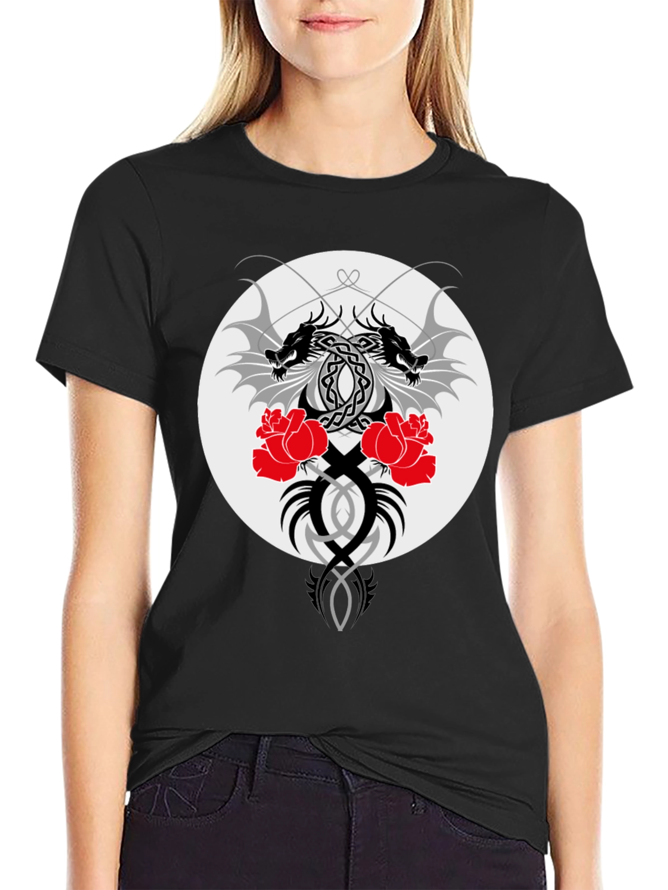Dragon & Roses Graphic Black T-Shirt
