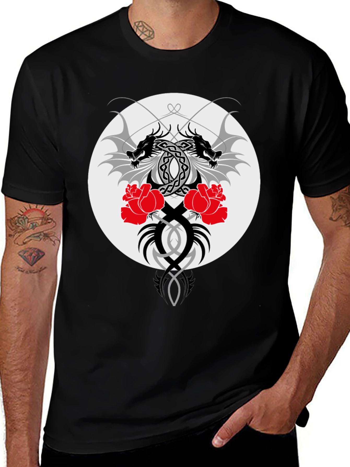 Dragon & Roses Graphic Black T-Shirt