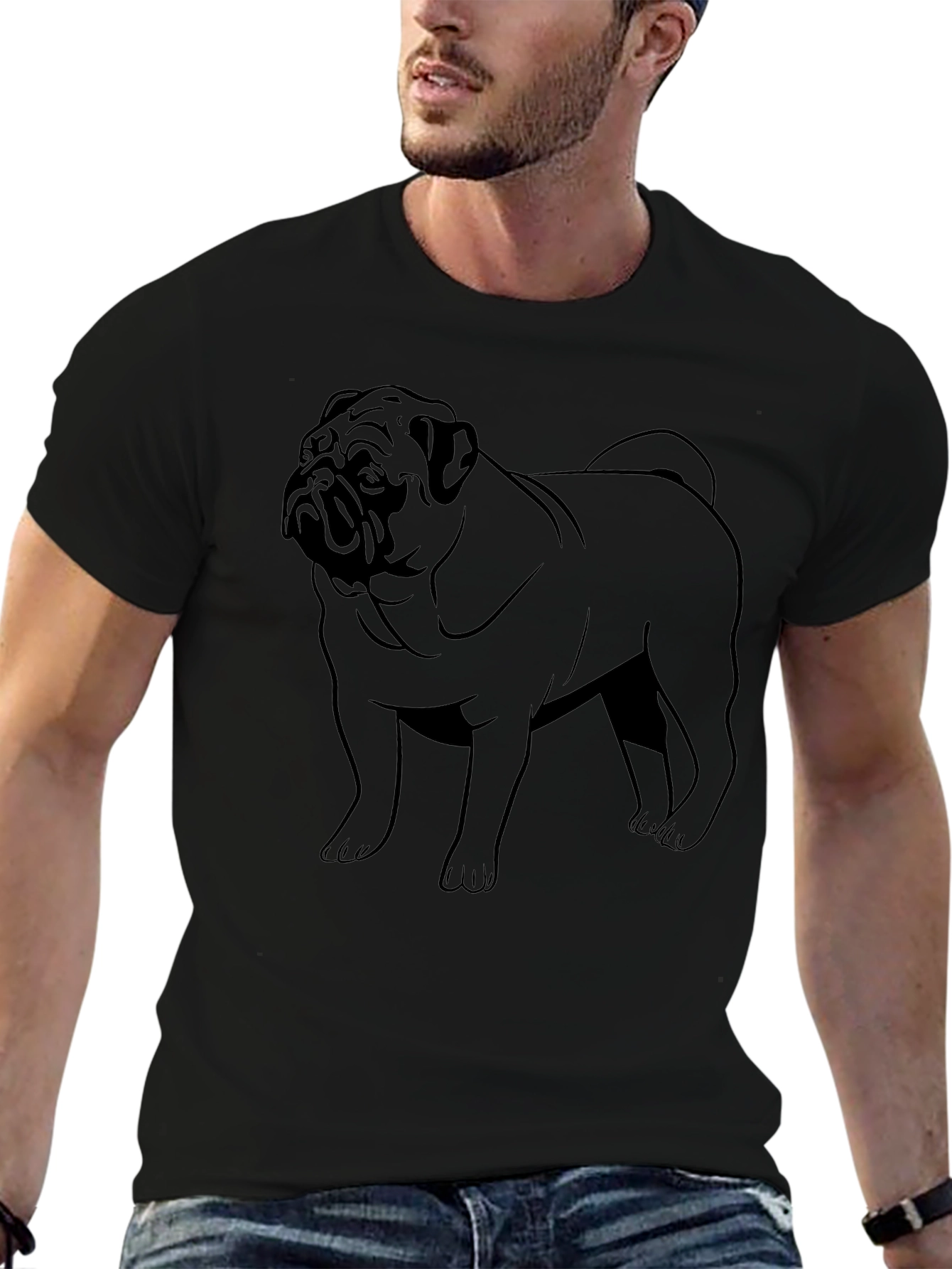 Pug Dog Outline Graphic Print Black T-Shirt
