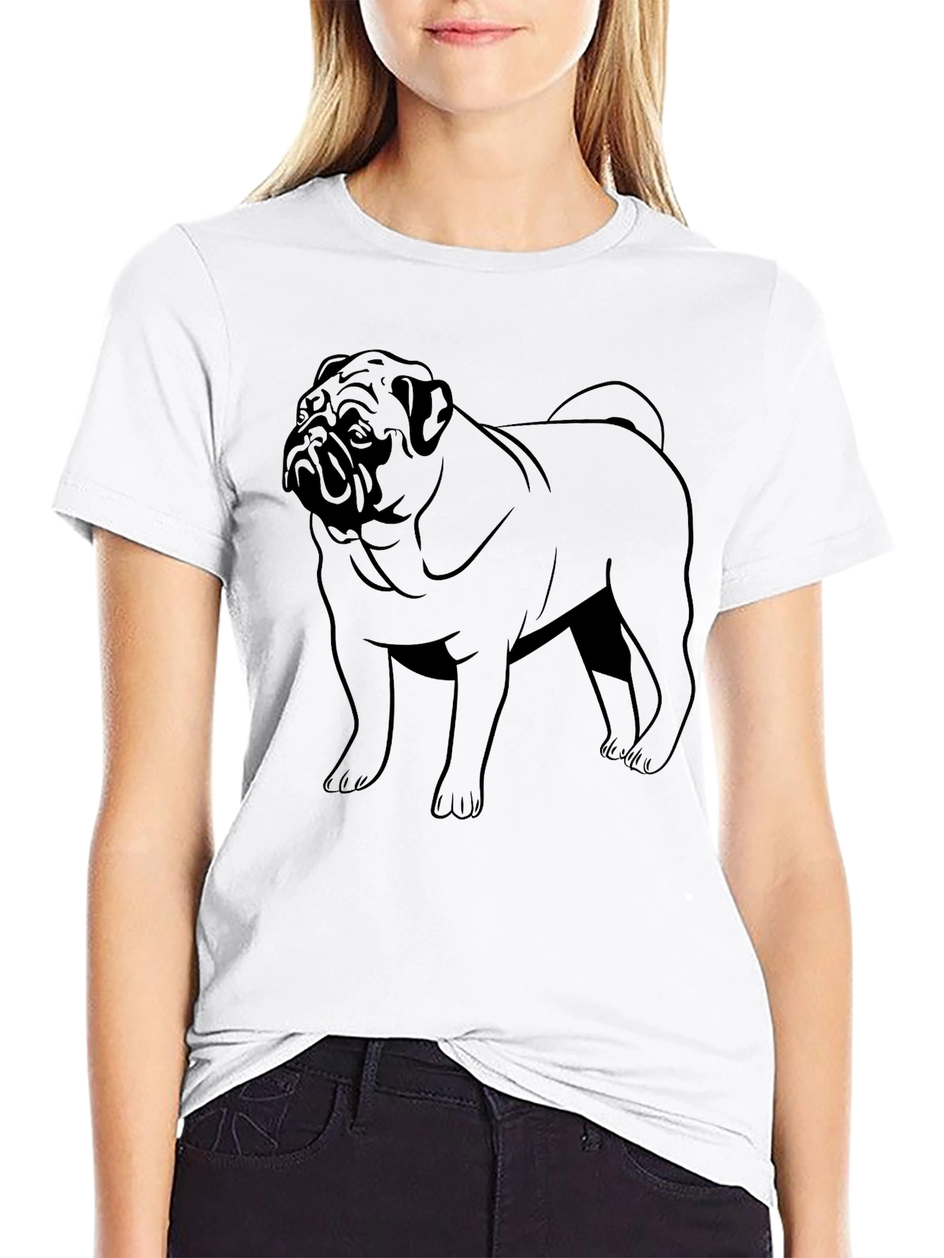 Pug Dog Outline Graphic Print Black T-Shirt
