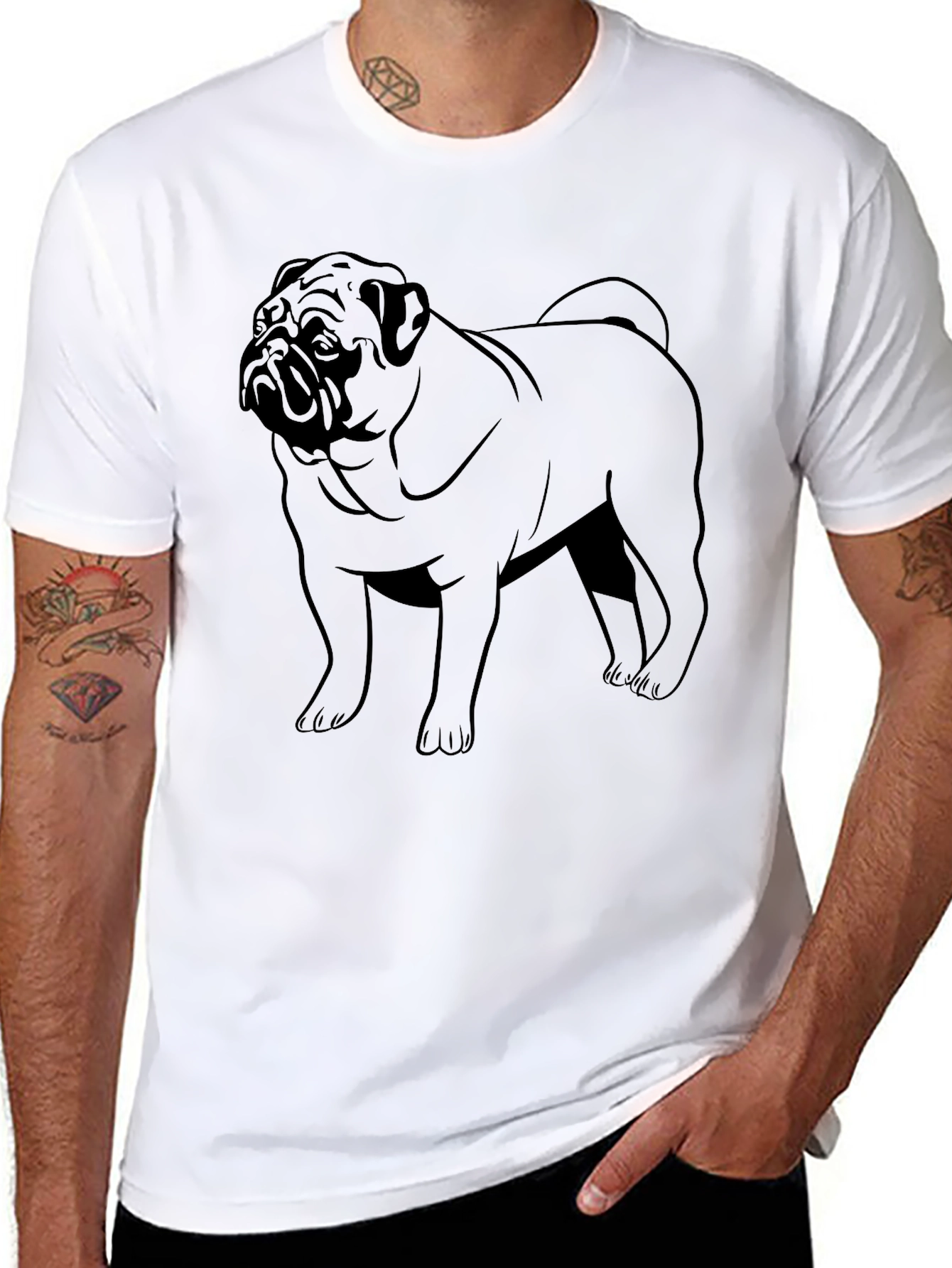 Pug Dog Outline Graphic Print Black T-Shirt