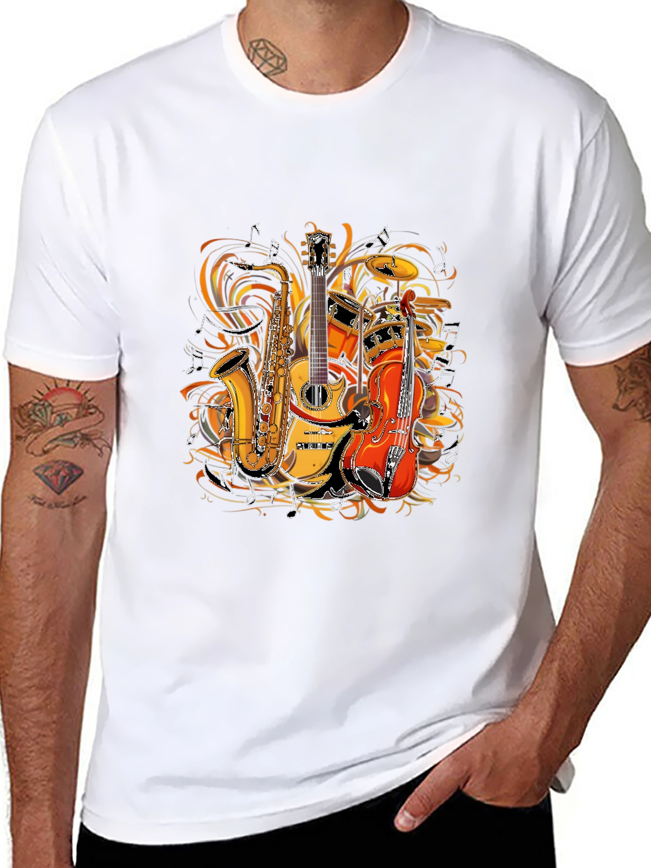 Musical Instruments Graphic Tee - Saxophone Guitar Drums