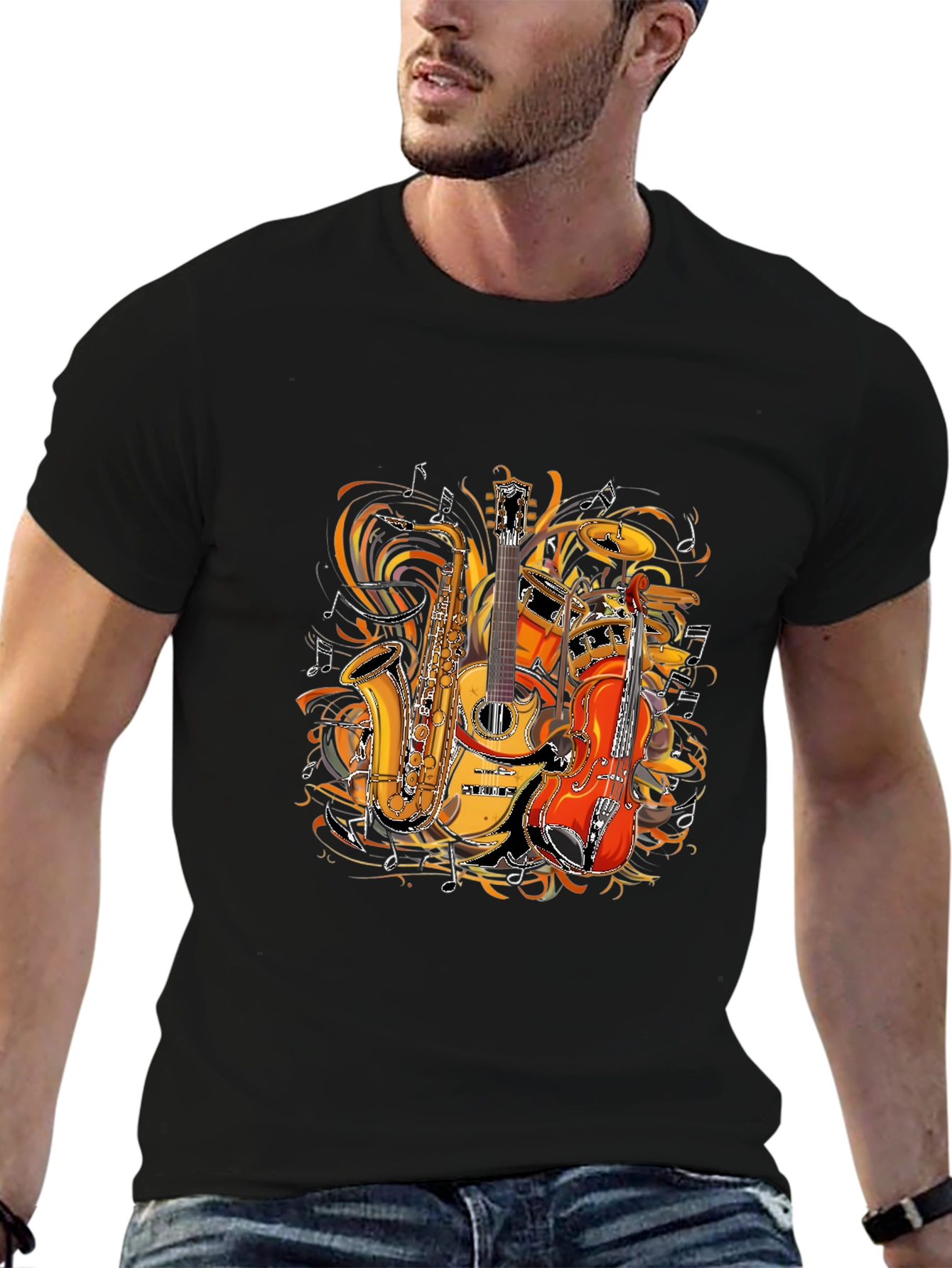 Musical Instruments Graphic Tee - Saxophone Guitar Drums