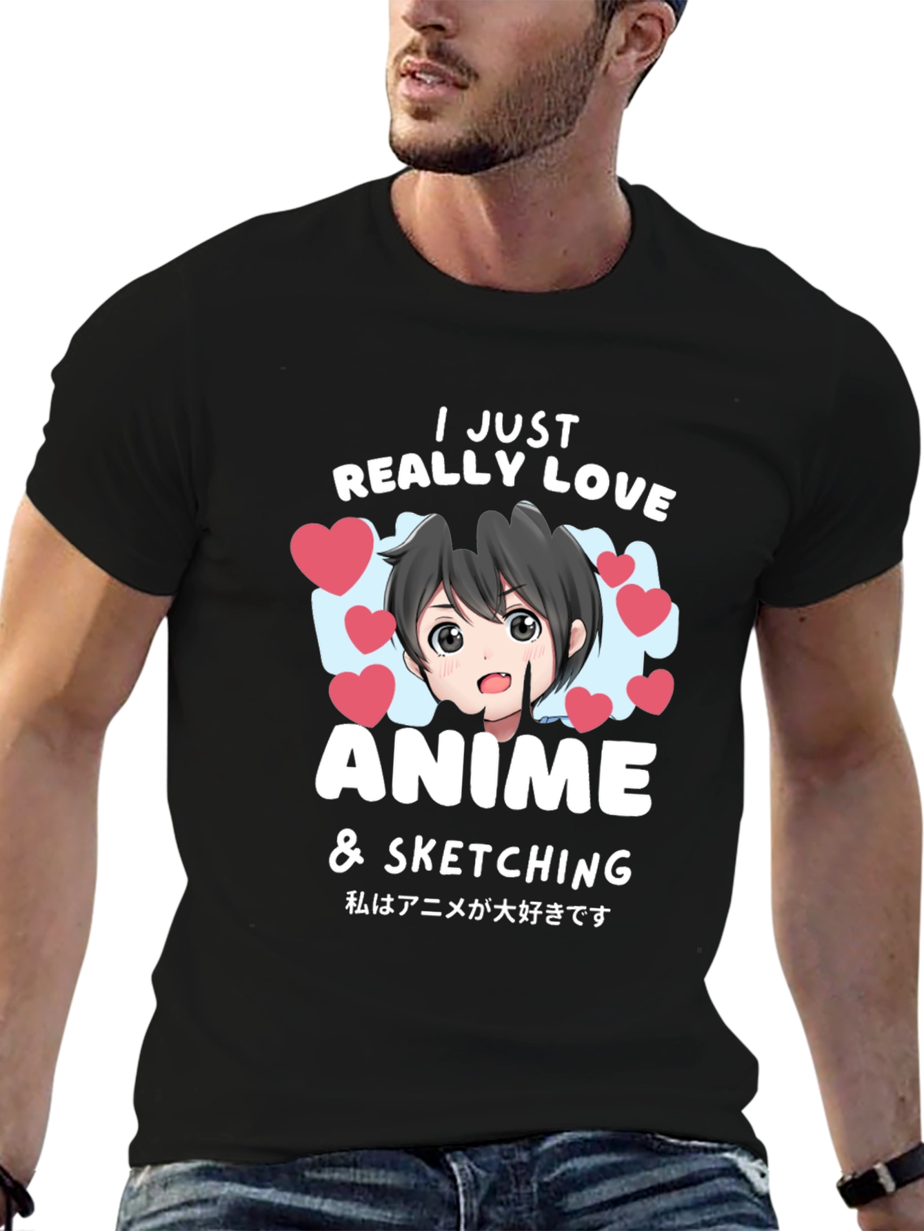 Anime Lovers Black T-Shirt: I Love Anime & Sketching