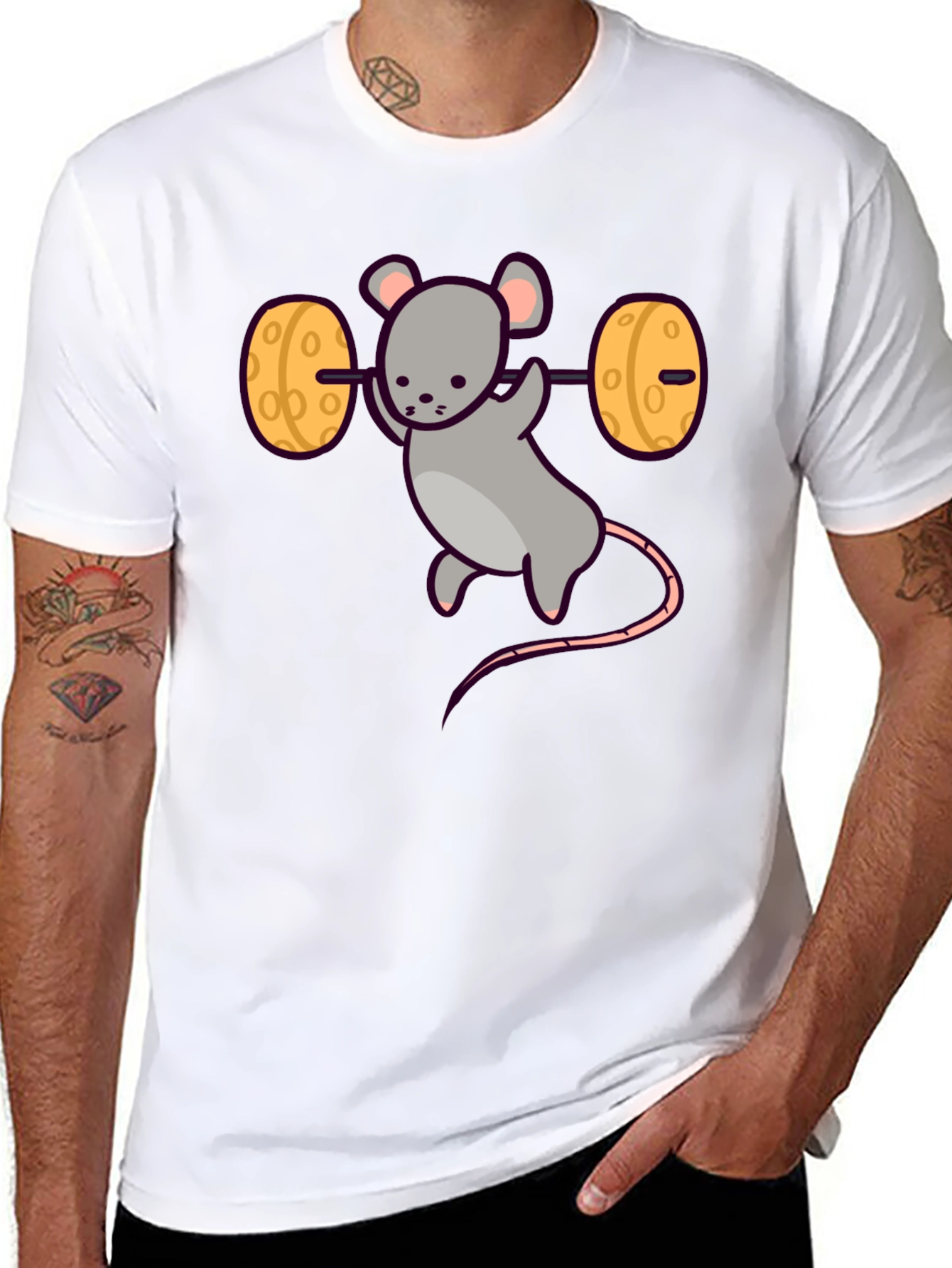 Funny Mouse Lifting Cheese Barbell Black T-Shirt