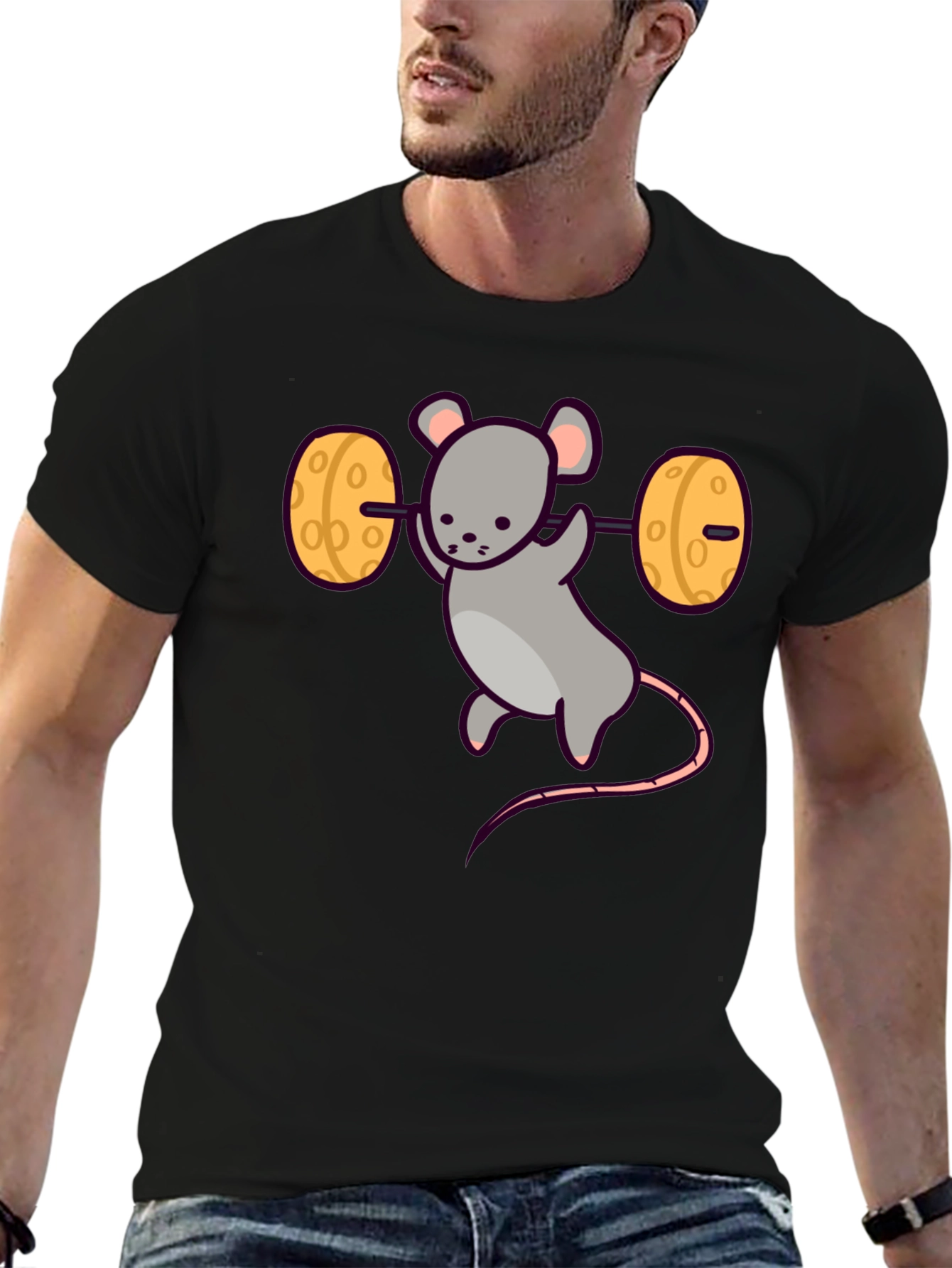 Funny Mouse Lifting Cheese Barbell Black T-Shirt