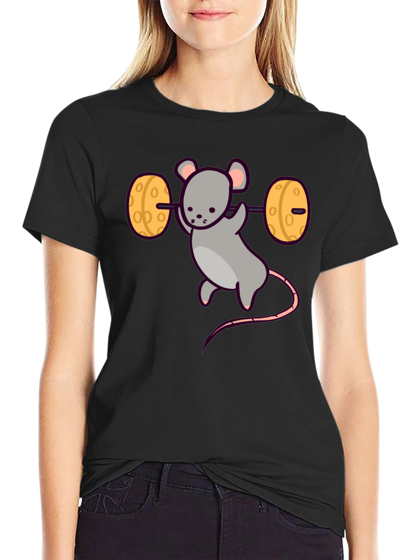 Funny Mouse Lifting Cheese Barbell Black T-Shirt