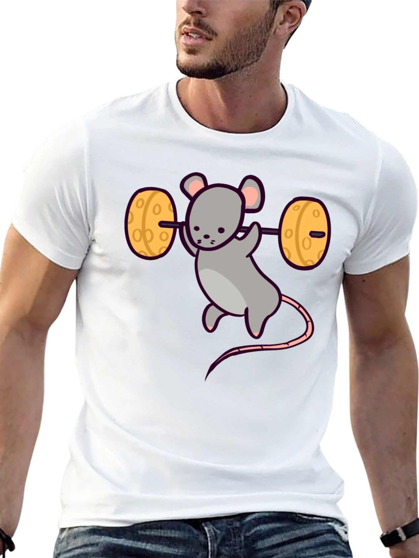 Funny Mouse Lifting Cheese Barbell Black T-Shirt