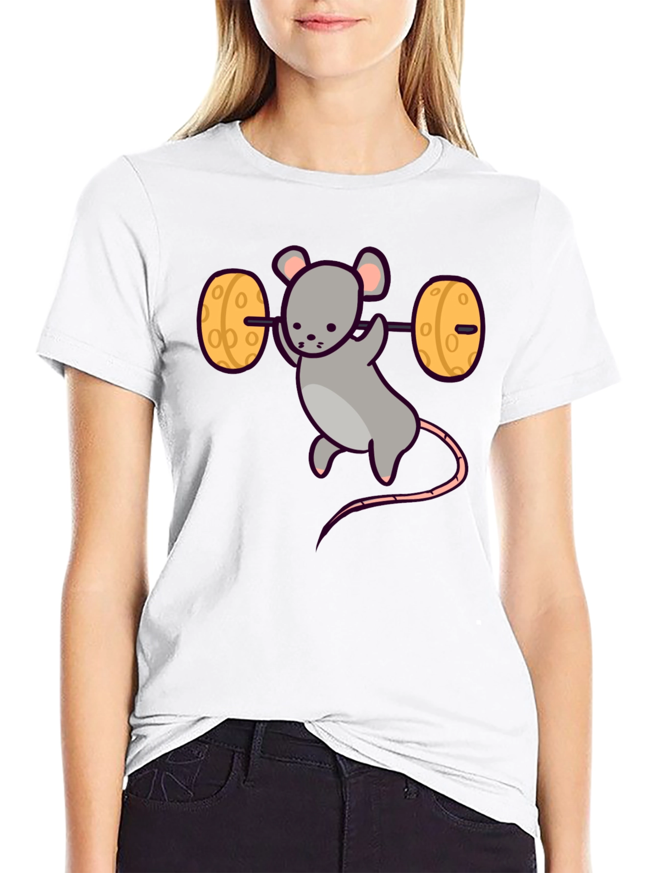 Funny Mouse Lifting Cheese Barbell Black T-Shirt
