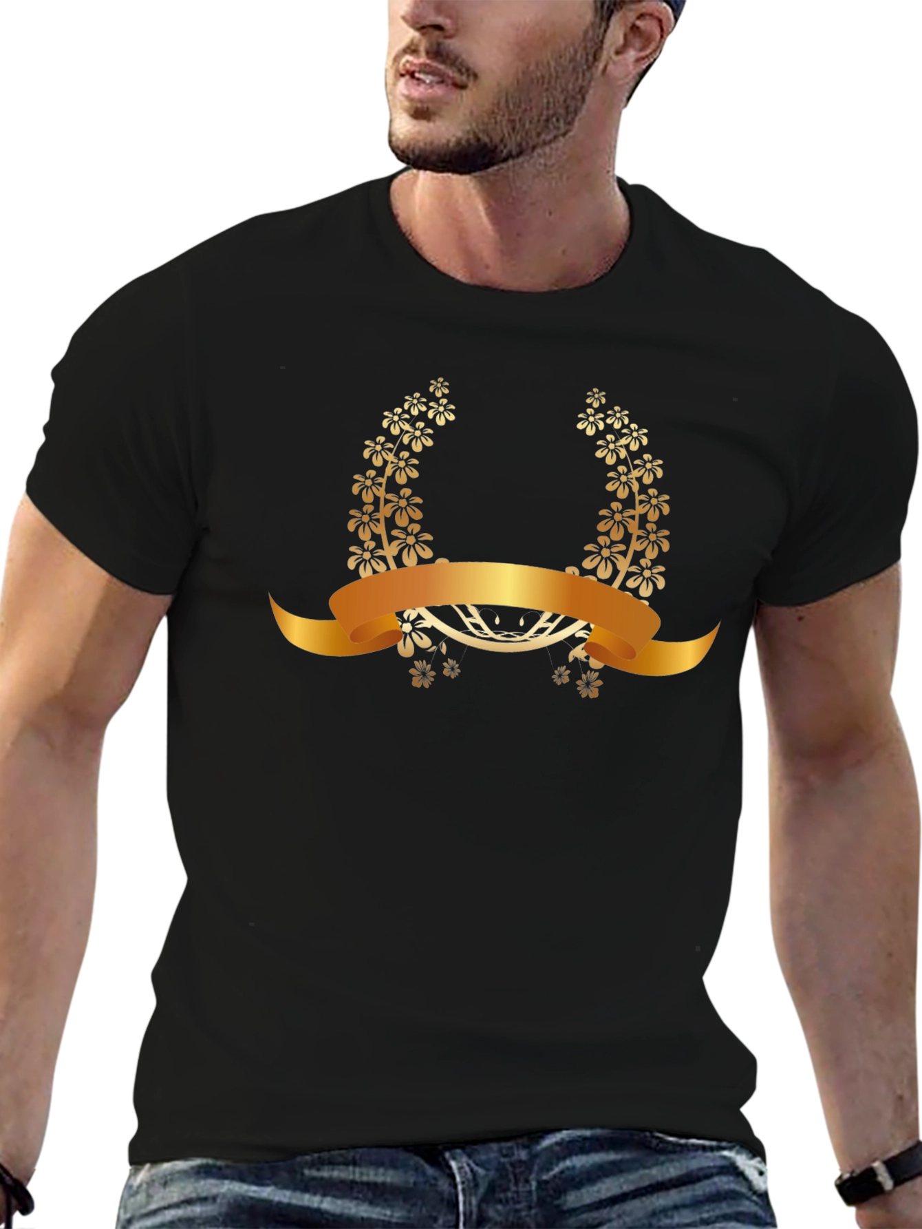 Elegant Floral Laurel Wreath Black T-Shirt