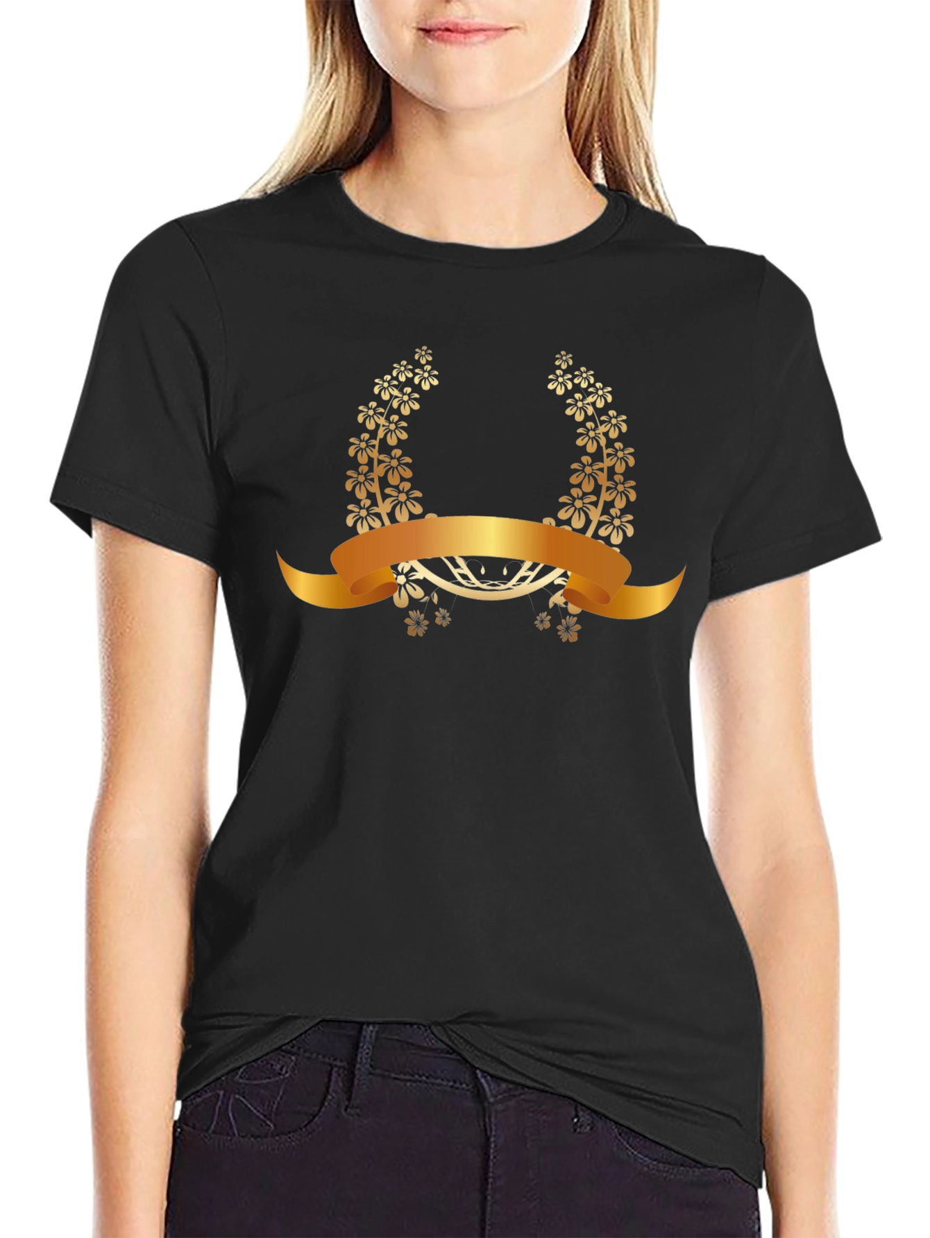 Elegant Floral Laurel Wreath Black T-Shirt