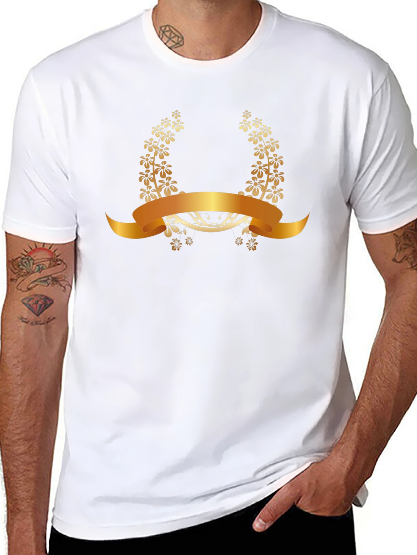 Elegant Floral Laurel Wreath Black T-Shirt
