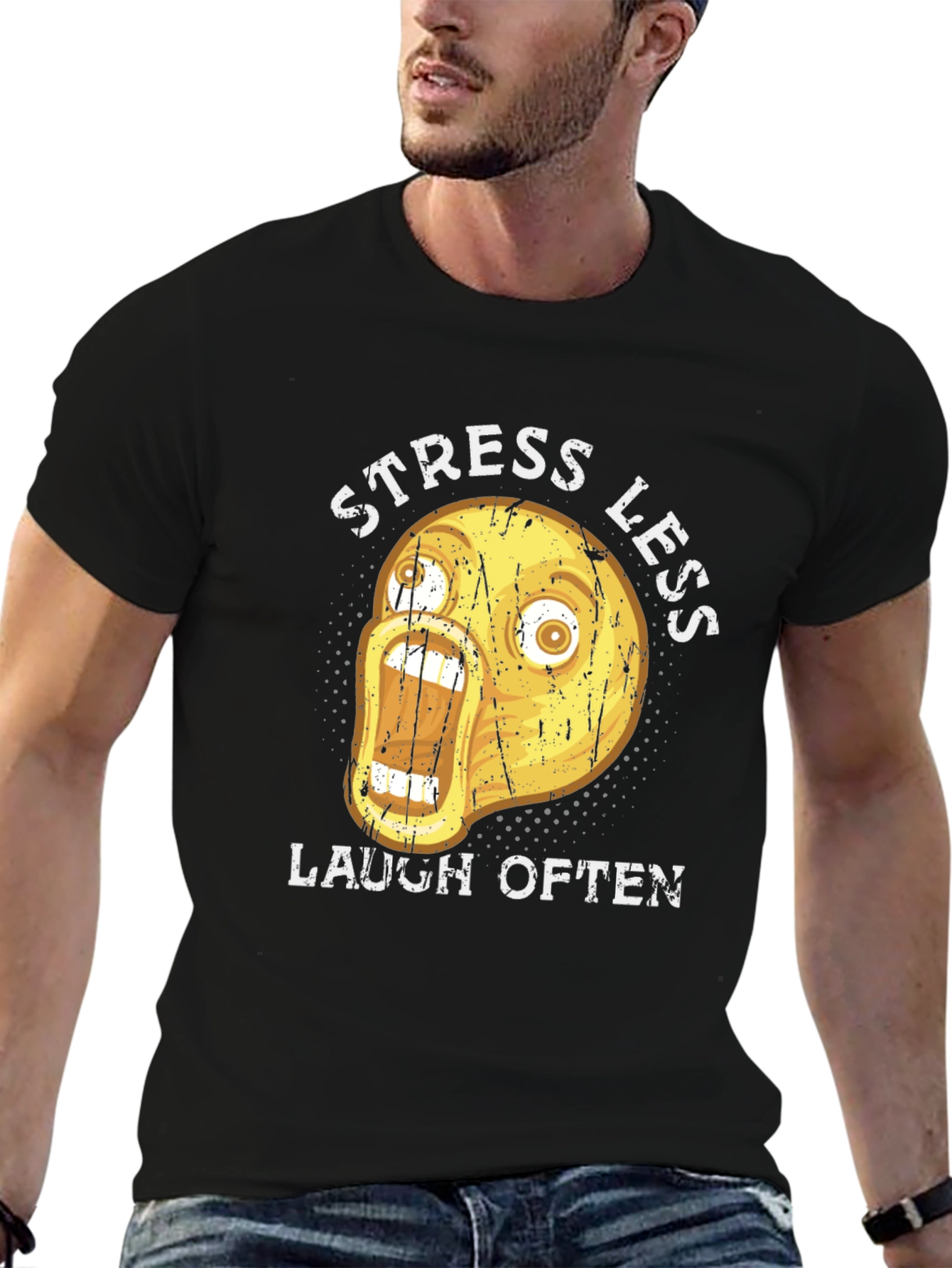 Funny Emoji Graphic T-Shirt - Stress Less Laugh Often