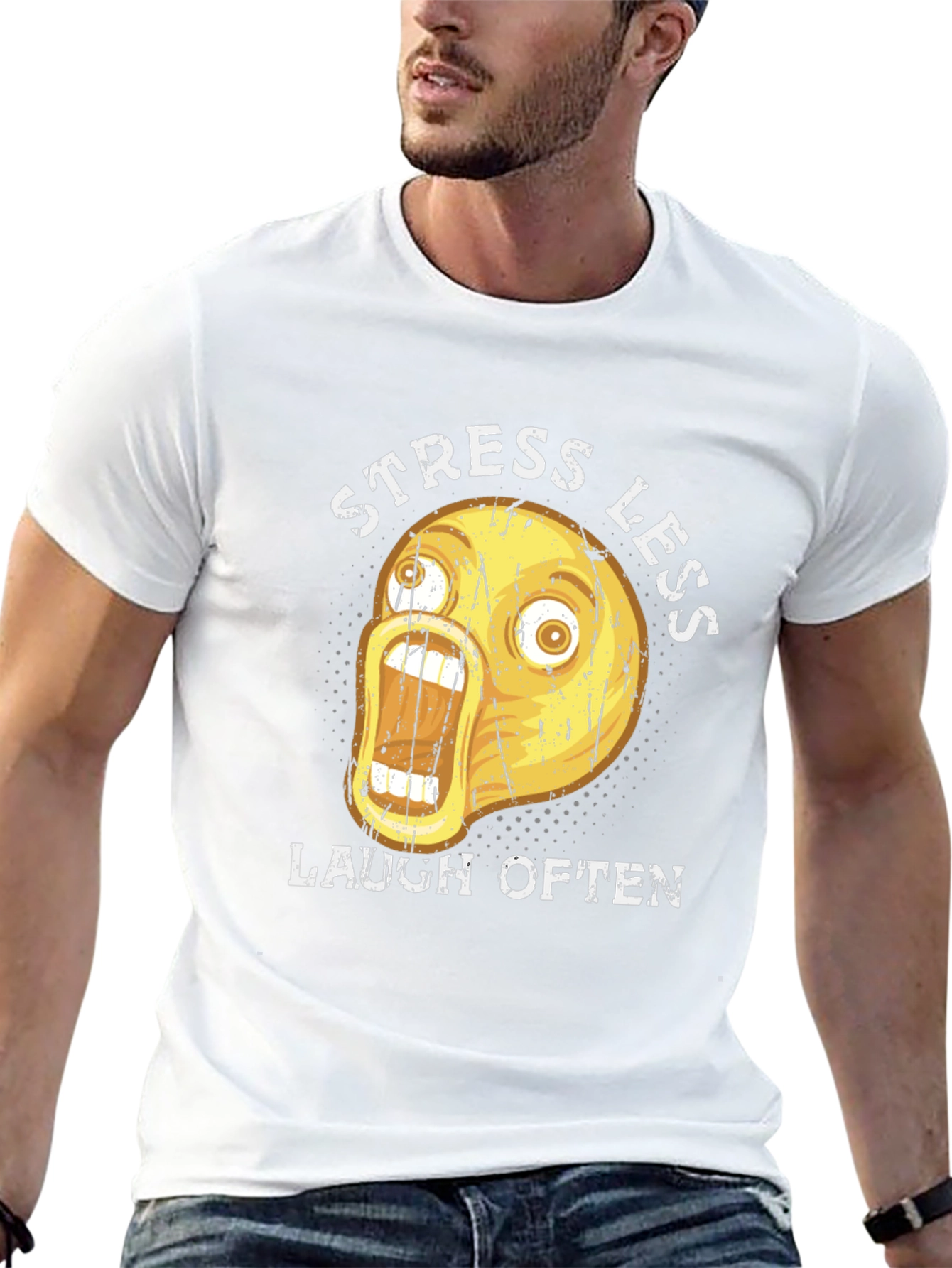 Funny Emoji Graphic T-Shirt - Stress Less Laugh Often