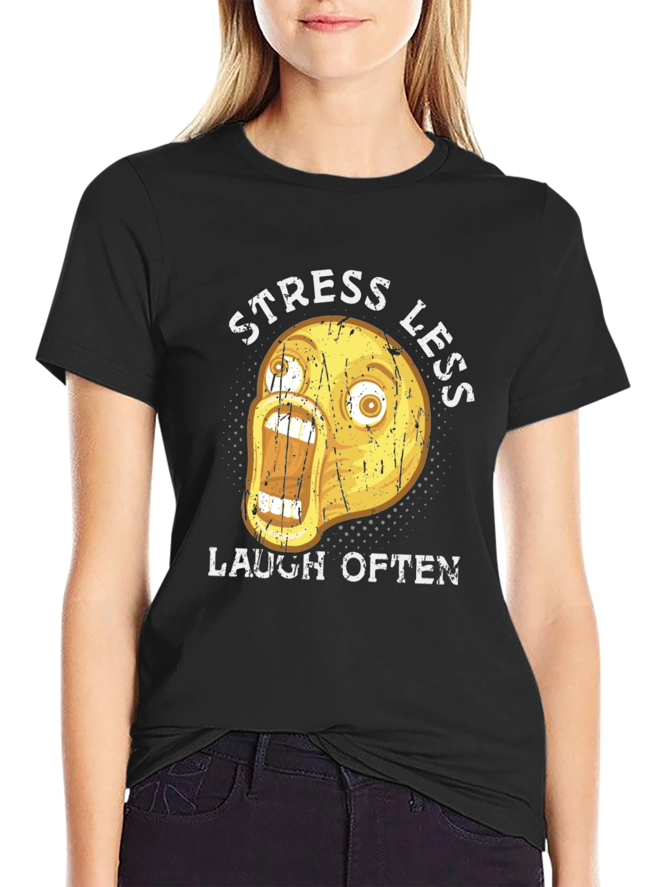 Funny Emoji Graphic T-Shirt - Stress Less Laugh Often