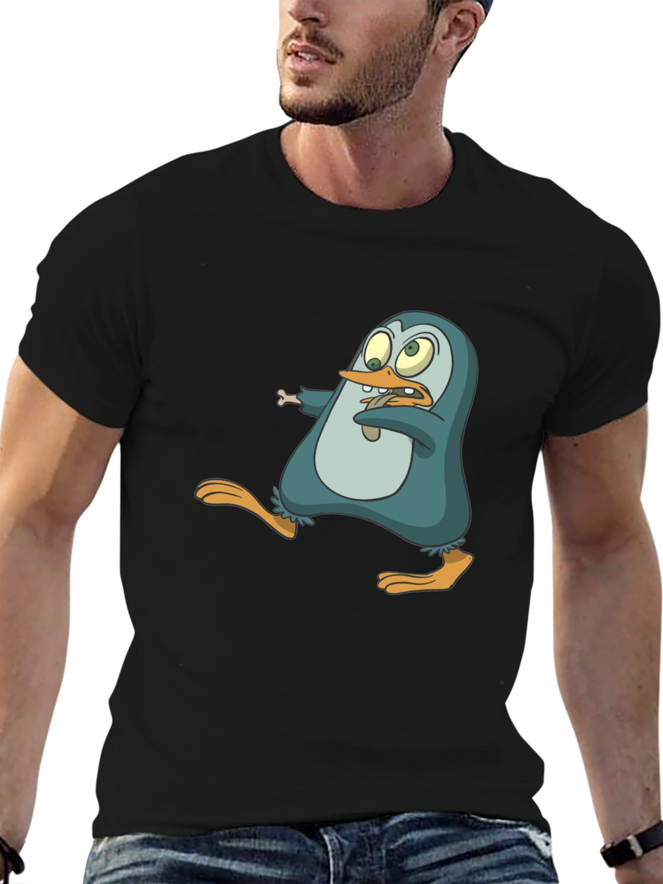 Cartoon Penguin Graphic Tee - Mens Black T-Shirt