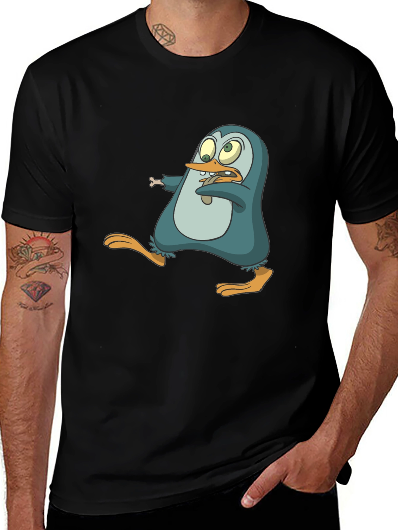 Cartoon Penguin Graphic Tee - Mens Black T-Shirt