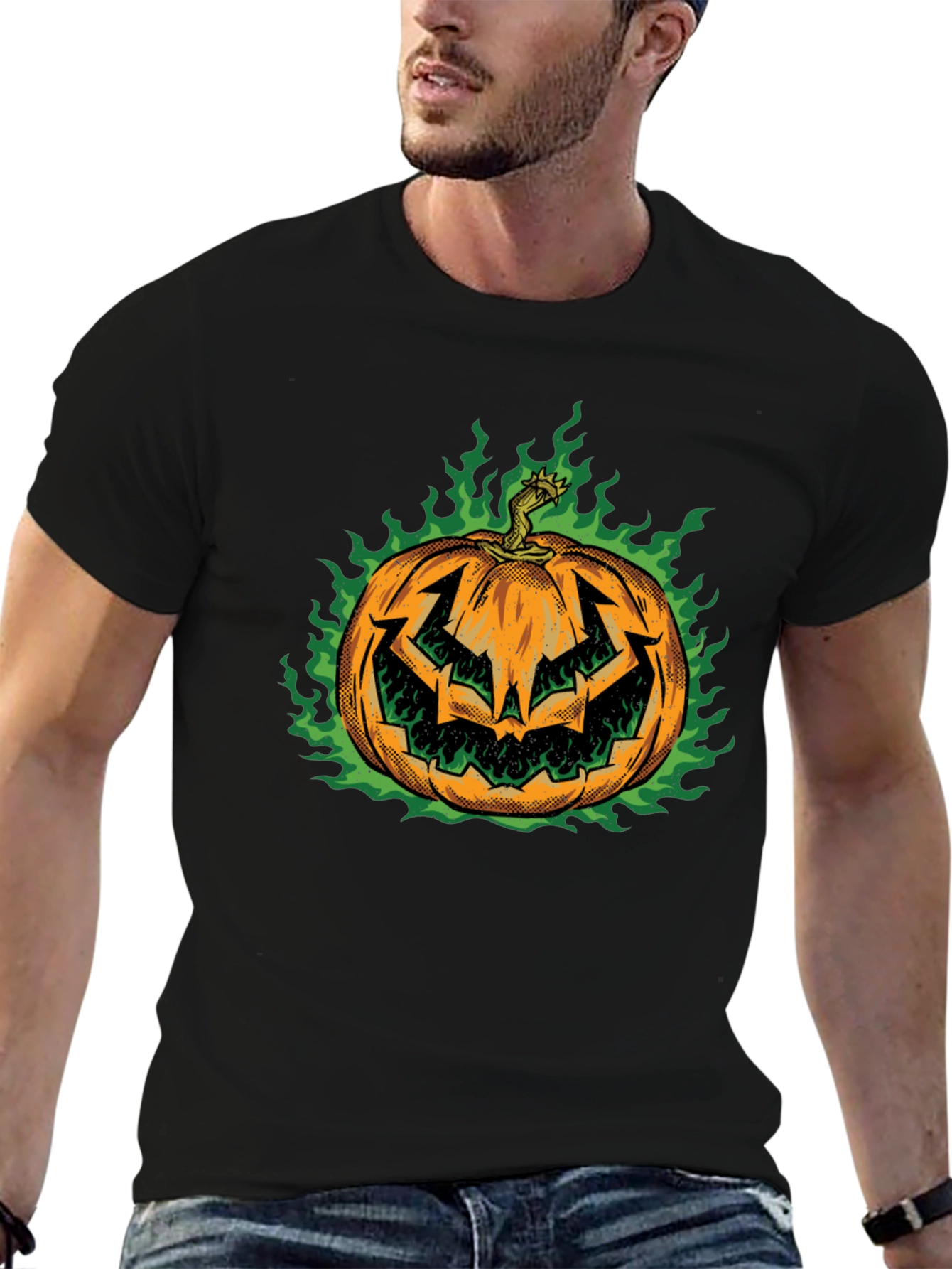 Fiery Pumpkin Halloween T-Shirt - Mens Black Tee