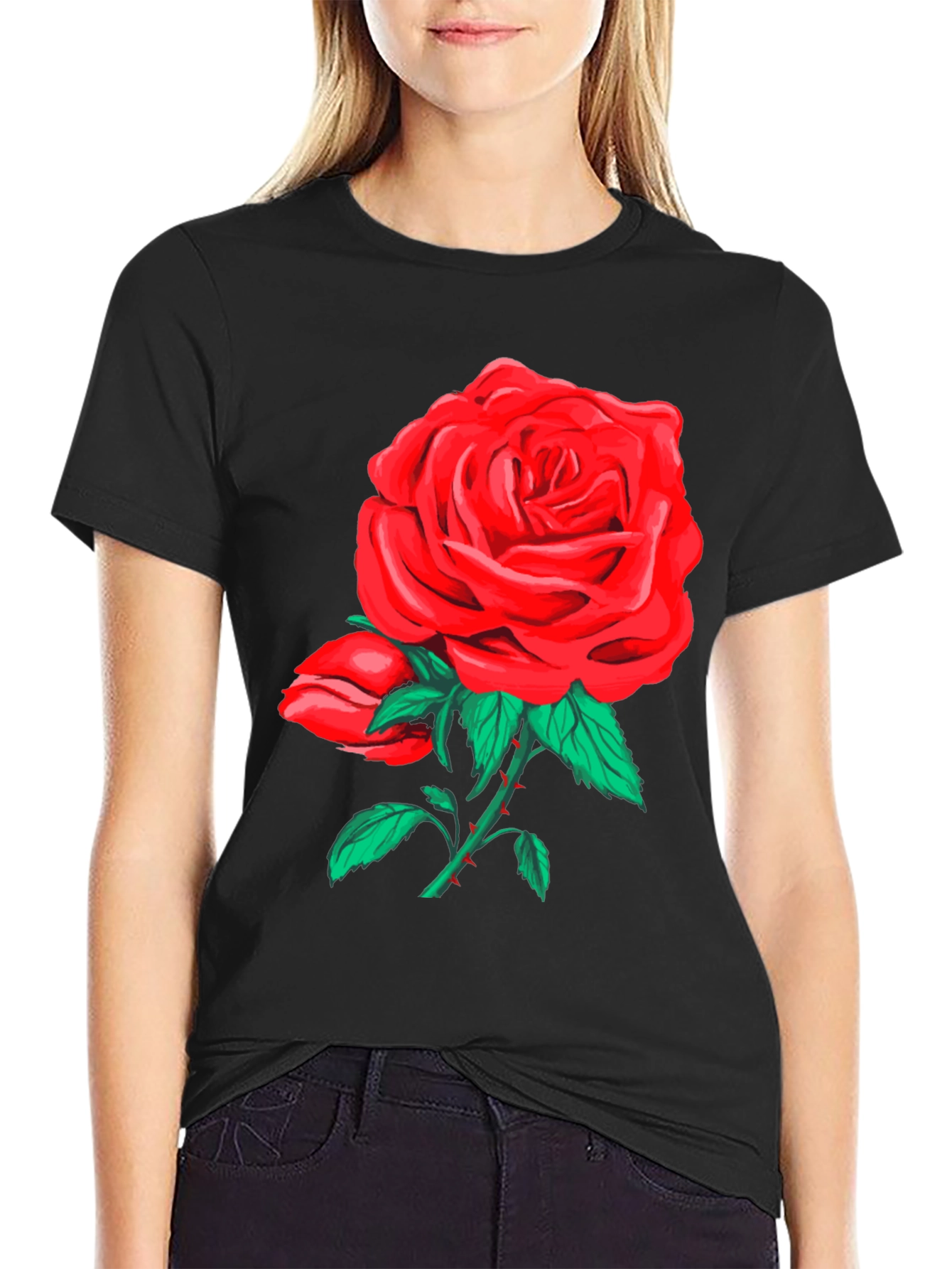 Bold Rose Graphic Tee - Black Cotton Blend