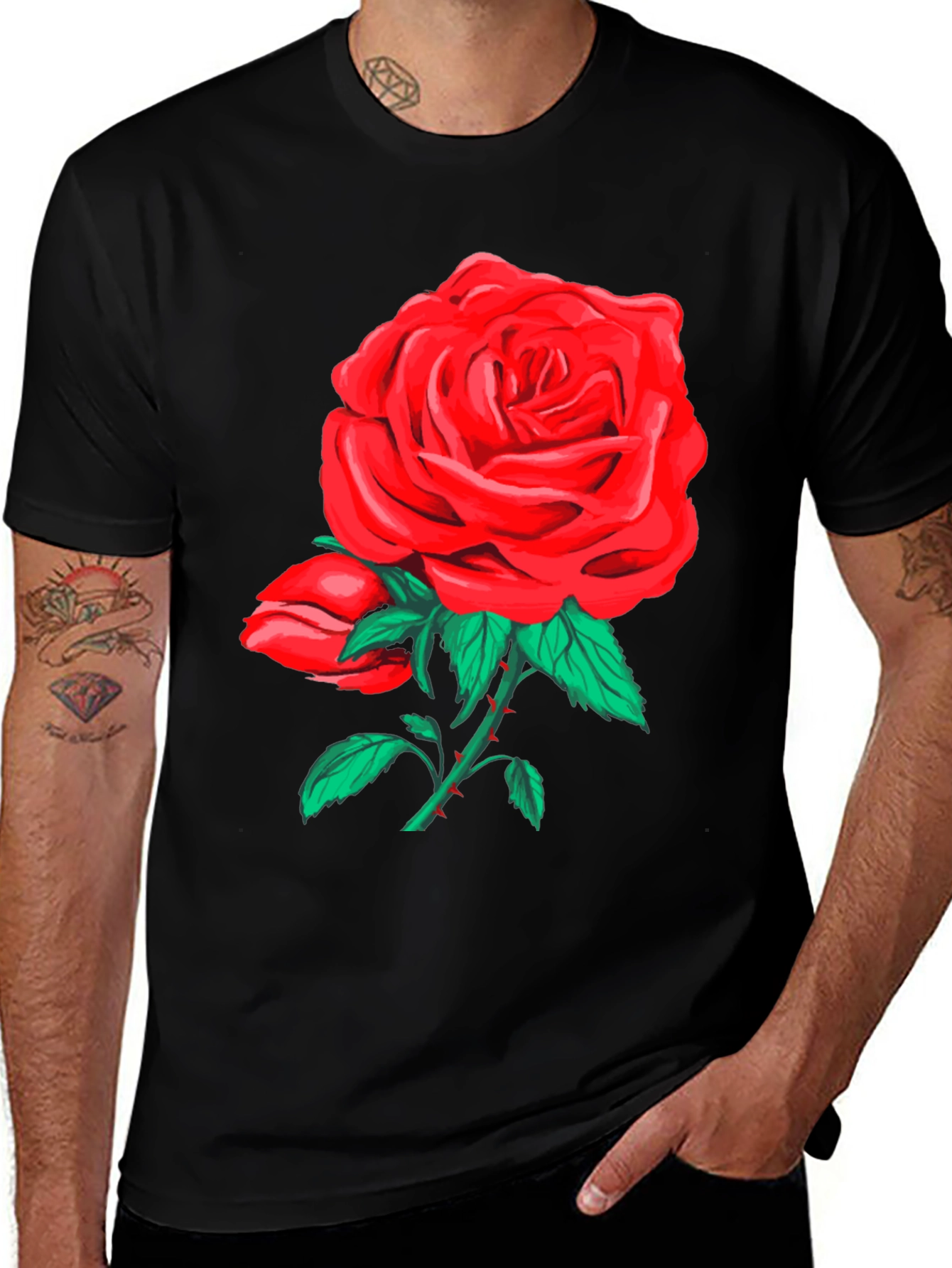 Bold Rose Graphic Tee - Black Cotton Blend