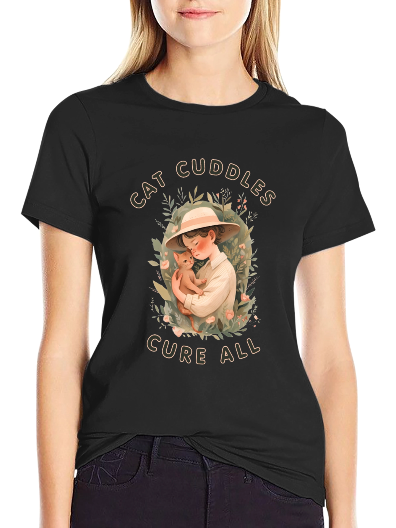 Cat Cuddles T-Shirt - Soft Cotton Blend Cute Design