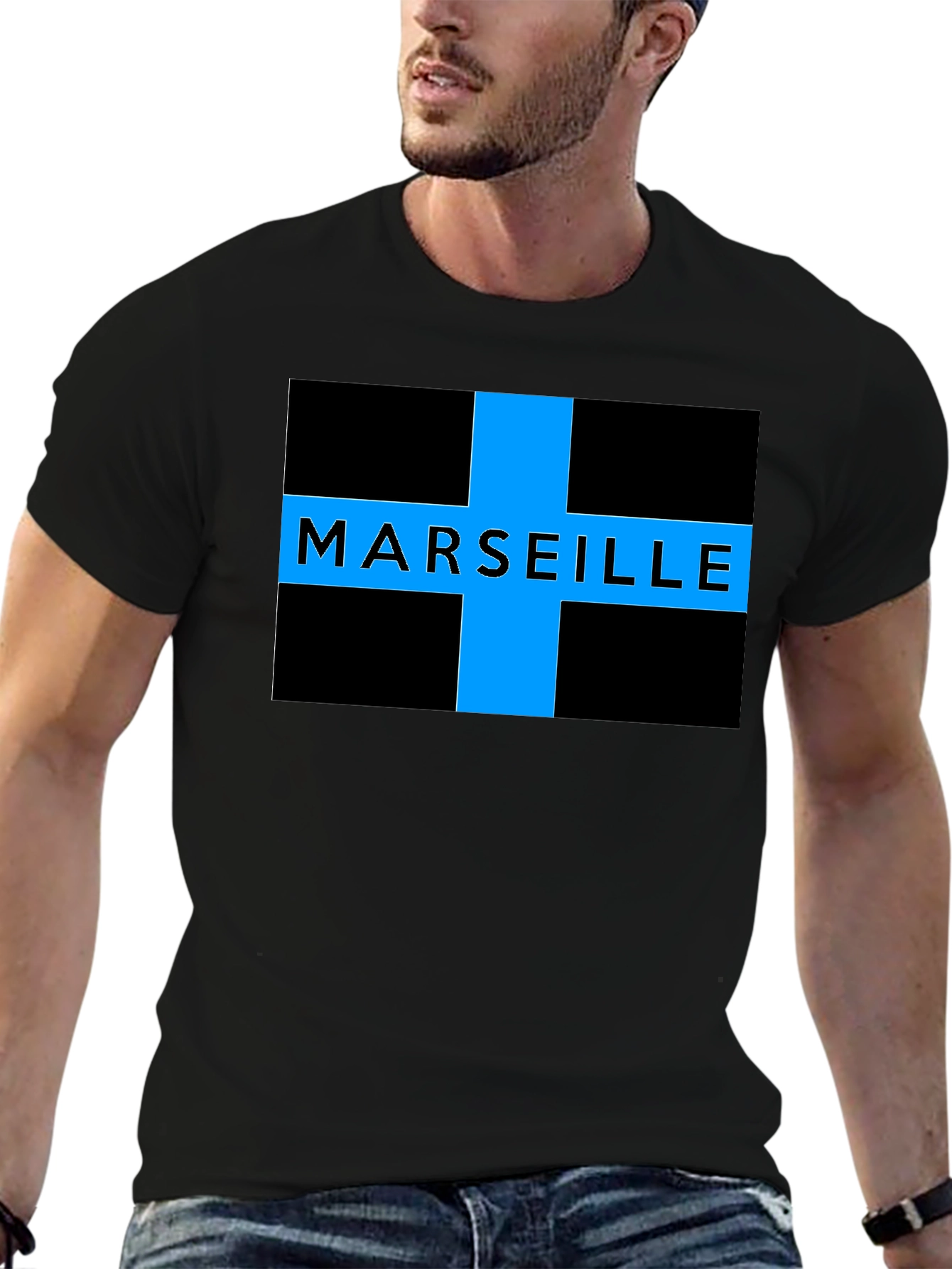 Marseille T-Shirt - Black with Blue Cross