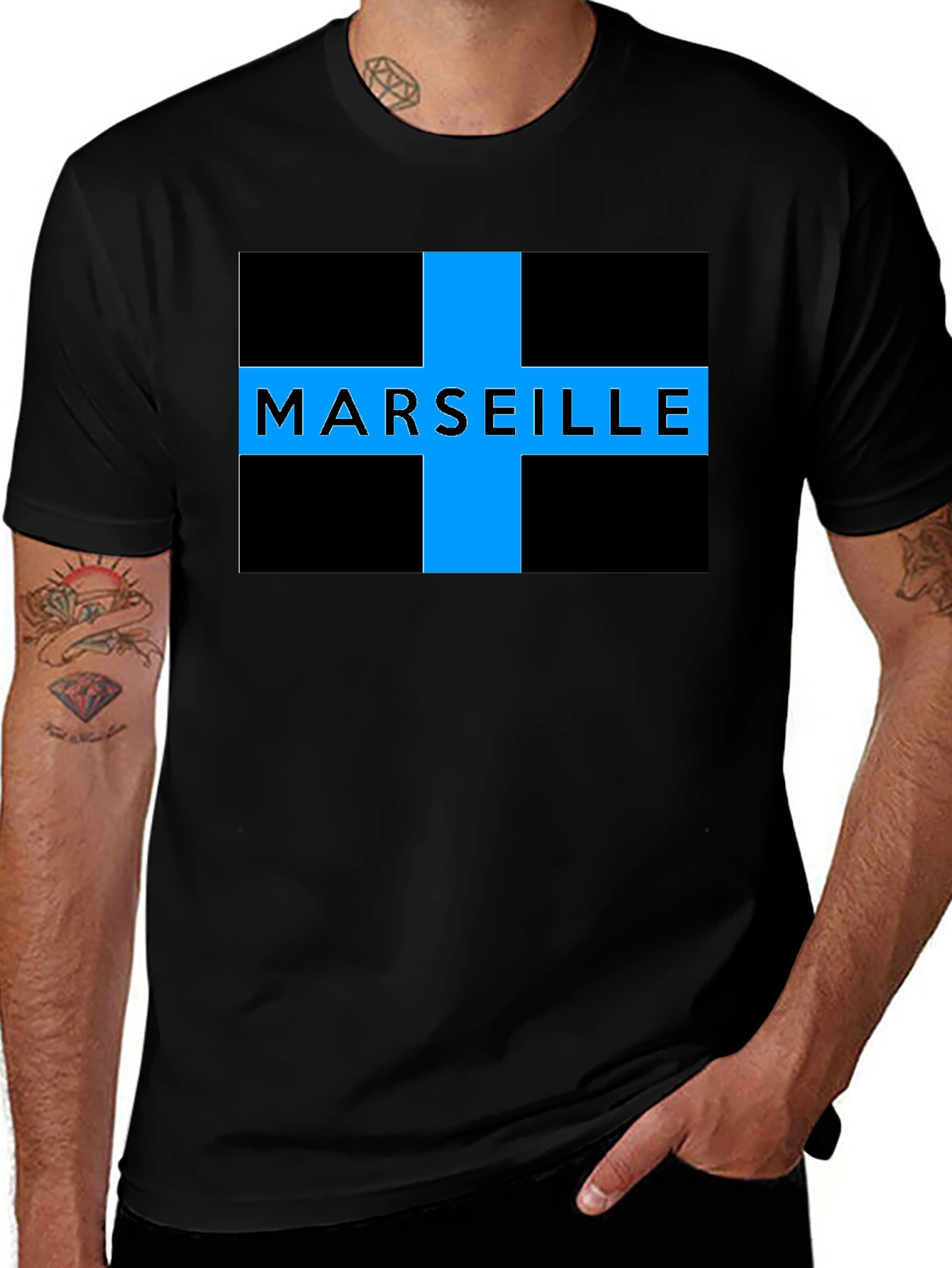 Marseille T-Shirt - Black with Blue Cross