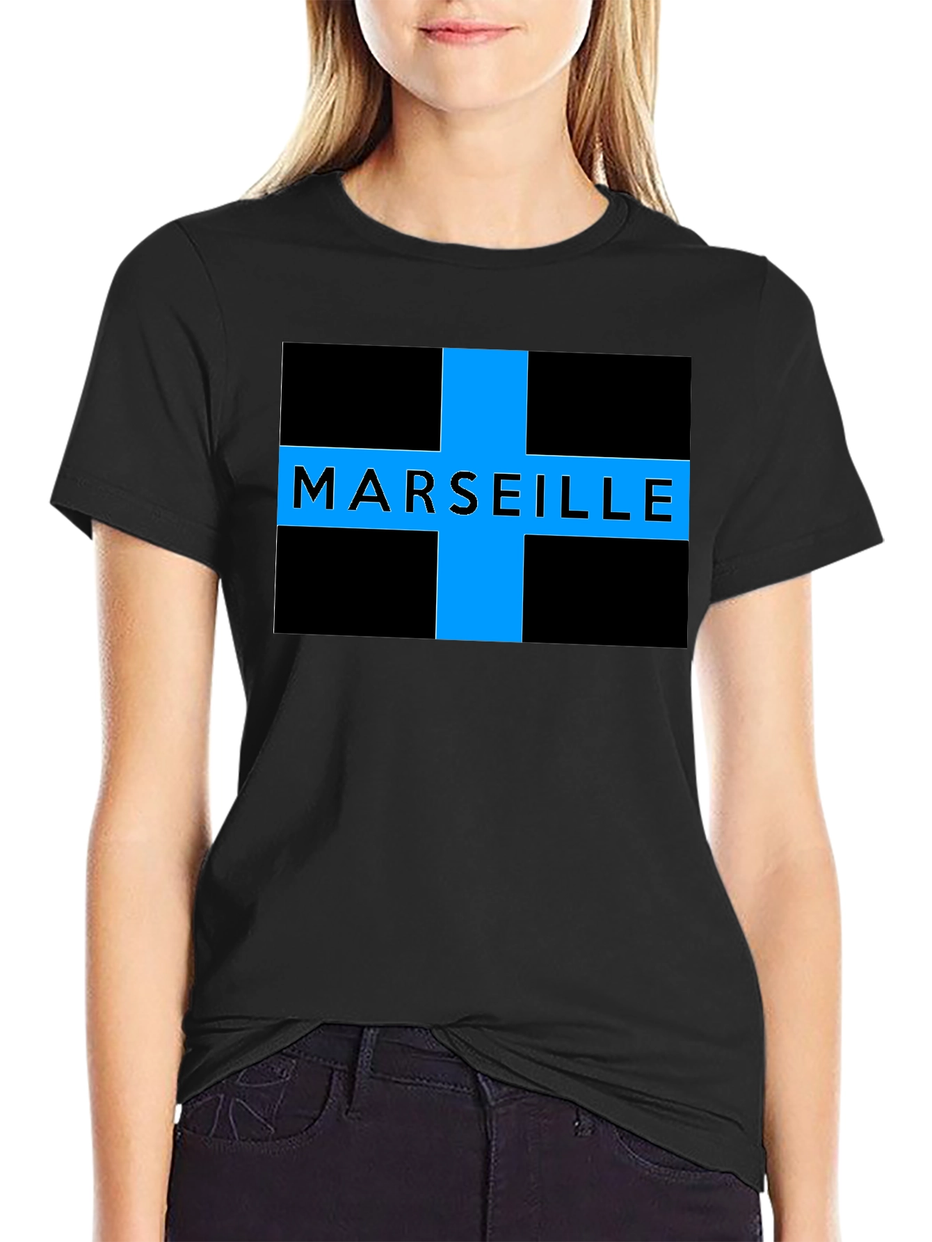Marseille T-Shirt - Black with Blue Cross