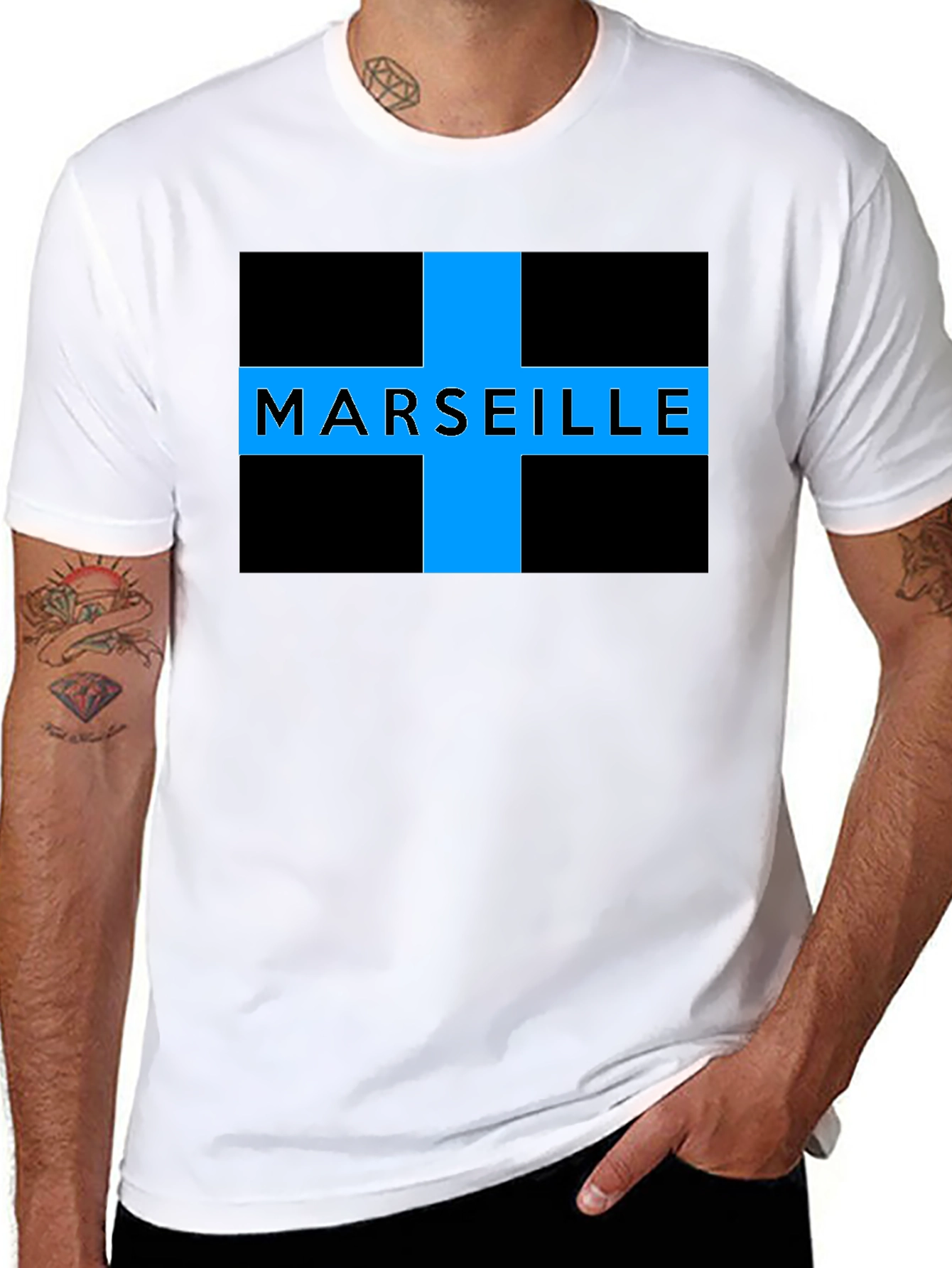 Marseille T-Shirt - Black with Blue Cross