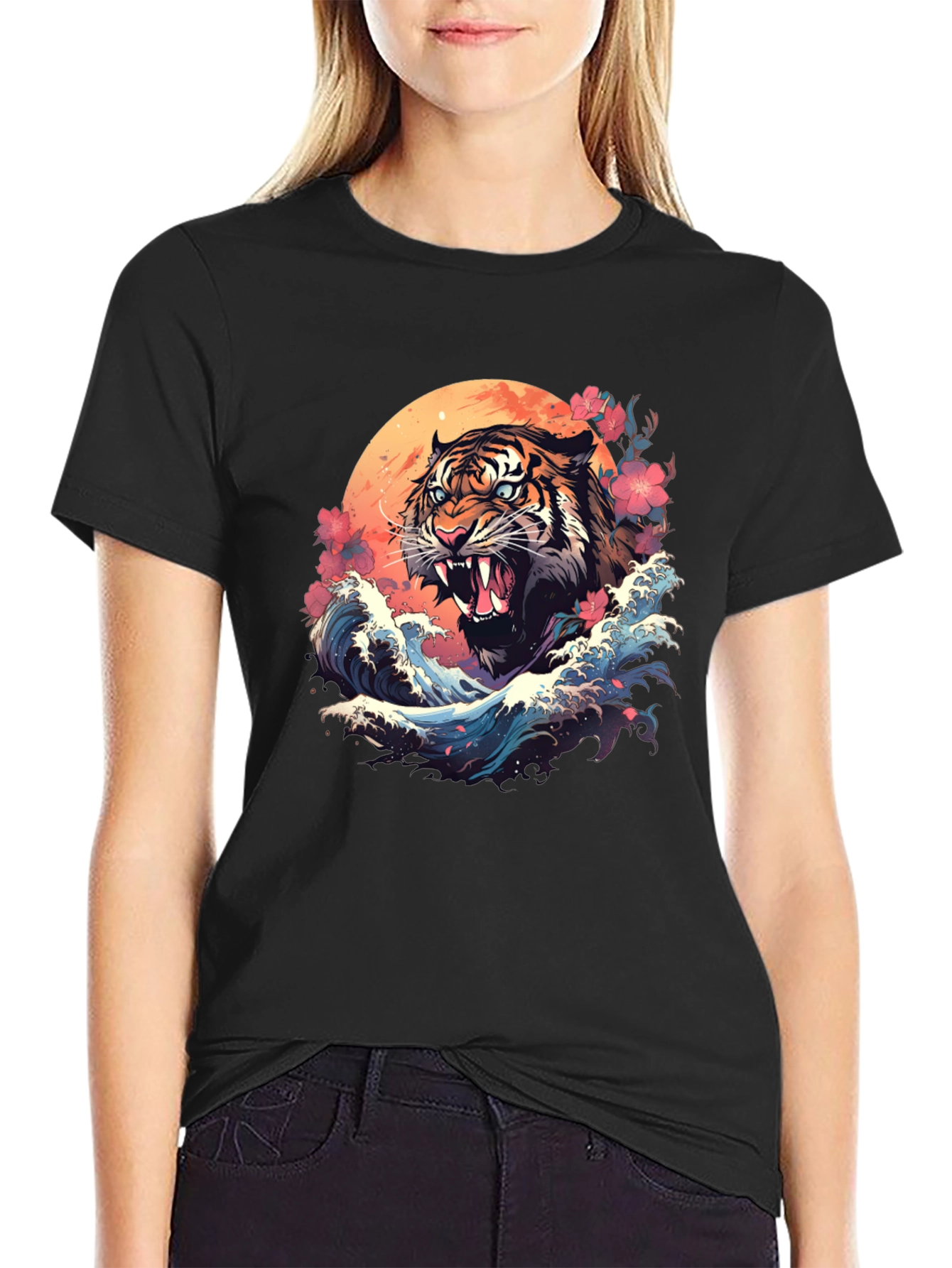 Tiger Wave Graphic Tee - Cool Asian Art Shirt
